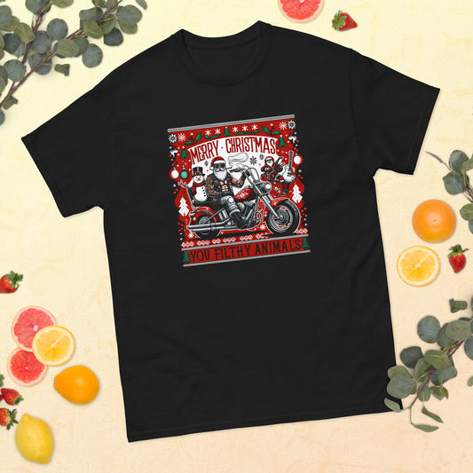 Merry Christmas you filthy animals with biker santa printed t-shirt by Whistler Shirts