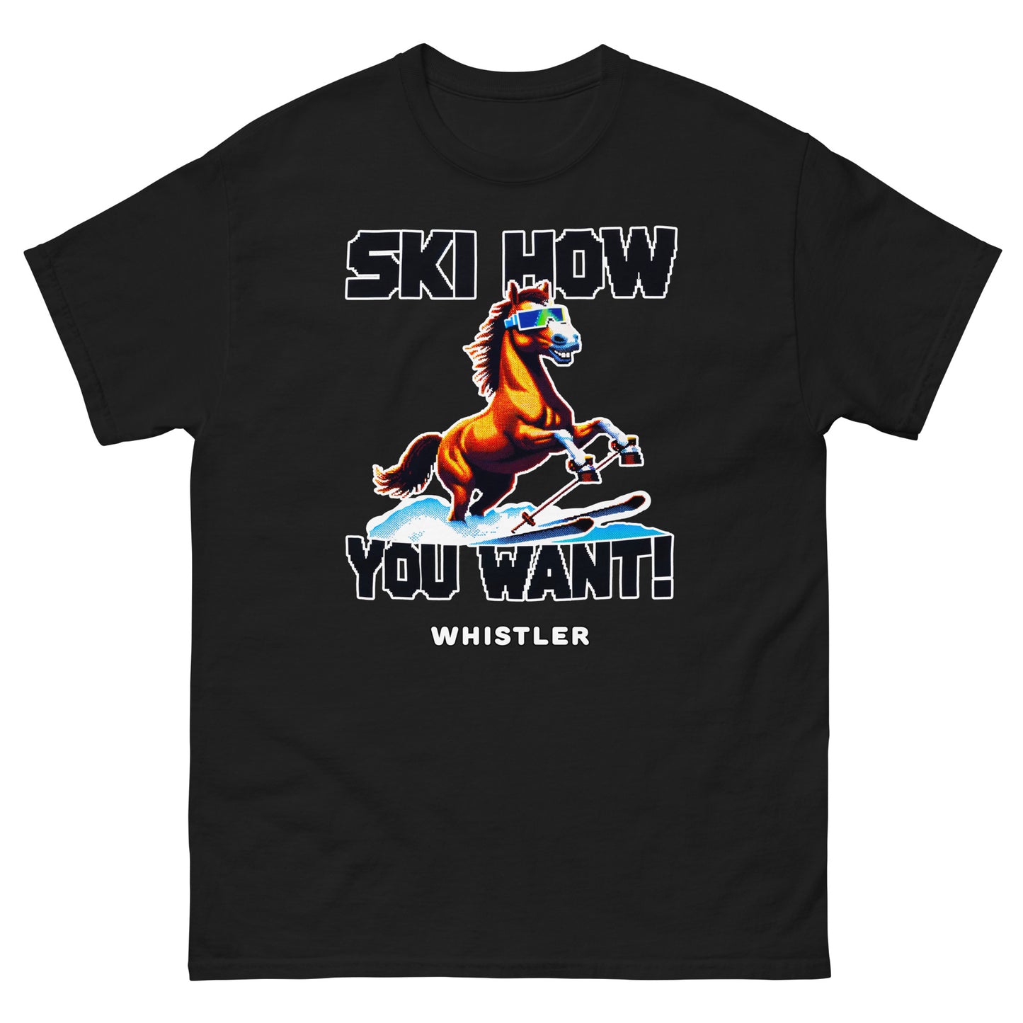 Ski How you want whistler with a skiing horse design printed on a t-shirt by Whistler Shirts