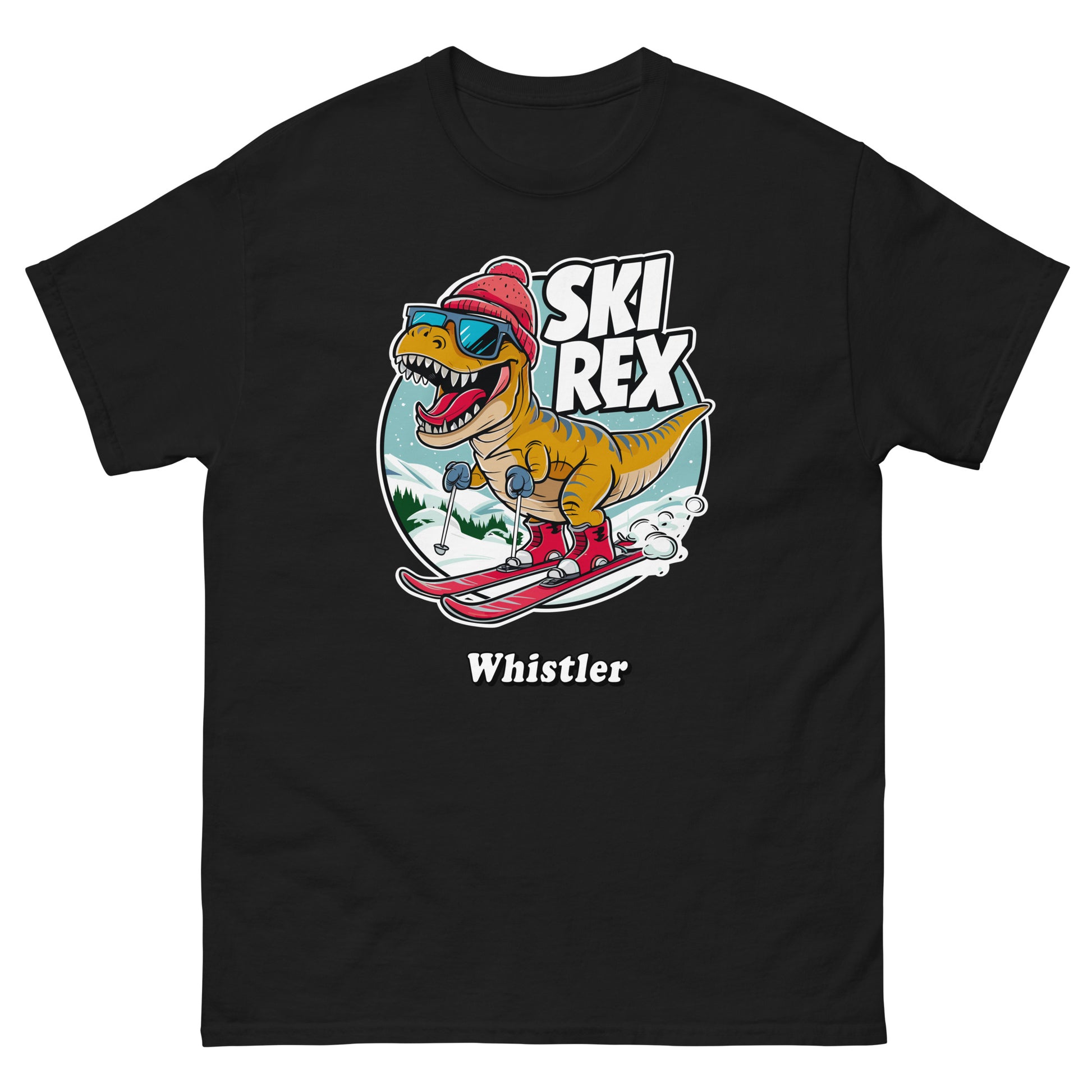 Ski Rex Whistler t-rex skiing printed t-shirts by Whistler Shirts