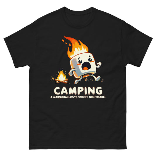 Camping a marshmellow's worst nightmare with flaming marshmellow running away scared from a campfire. Printed t-shirt by Whistler Shirts