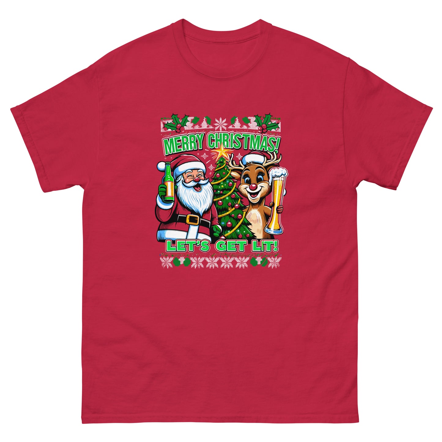 Merry Christmas lets get lit with santa and rudolf printed ugly christmas t-shirt by Whistler Shirts