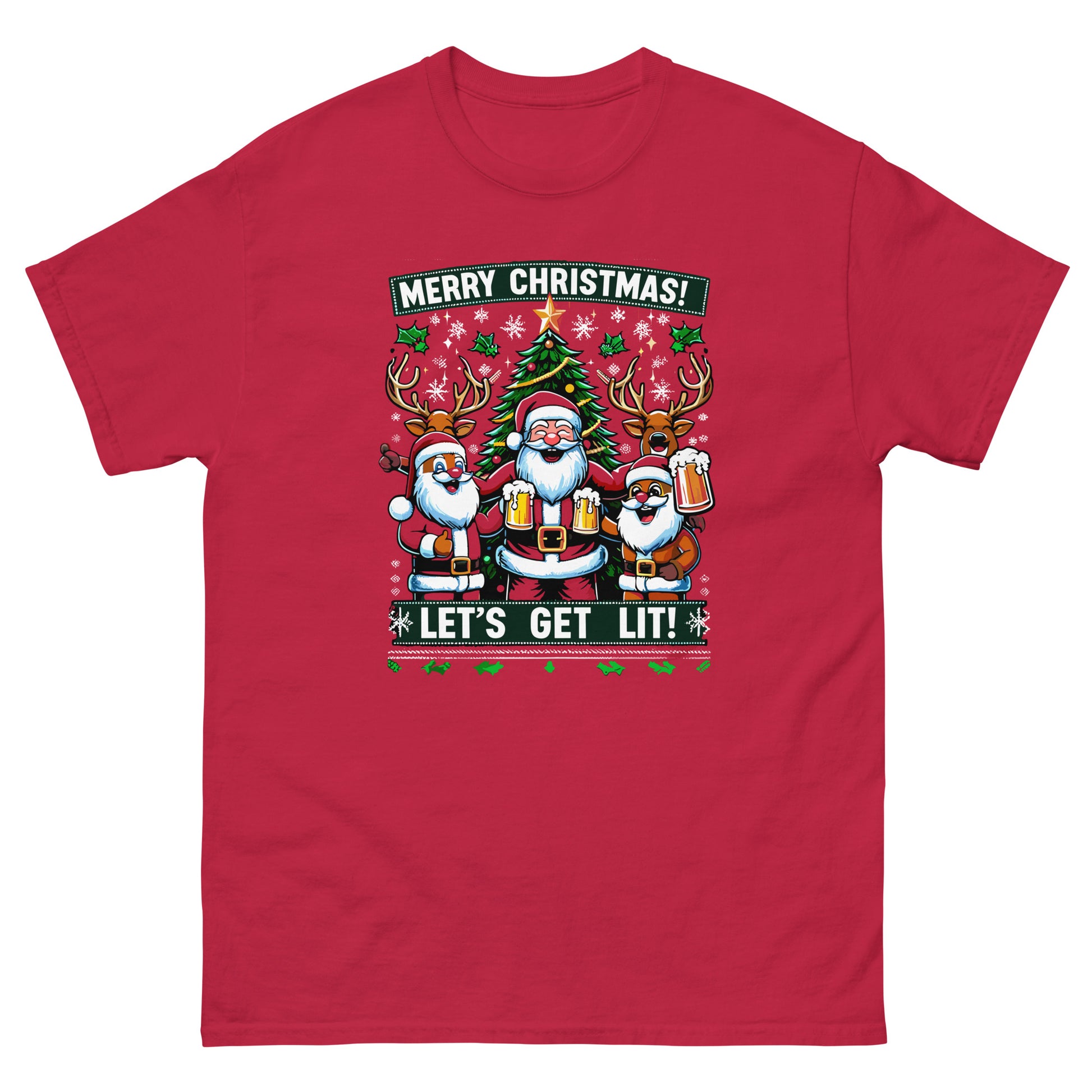 Merry Christmas lets get lit with santa printed ugly christmas t-shirt by whistler shirts