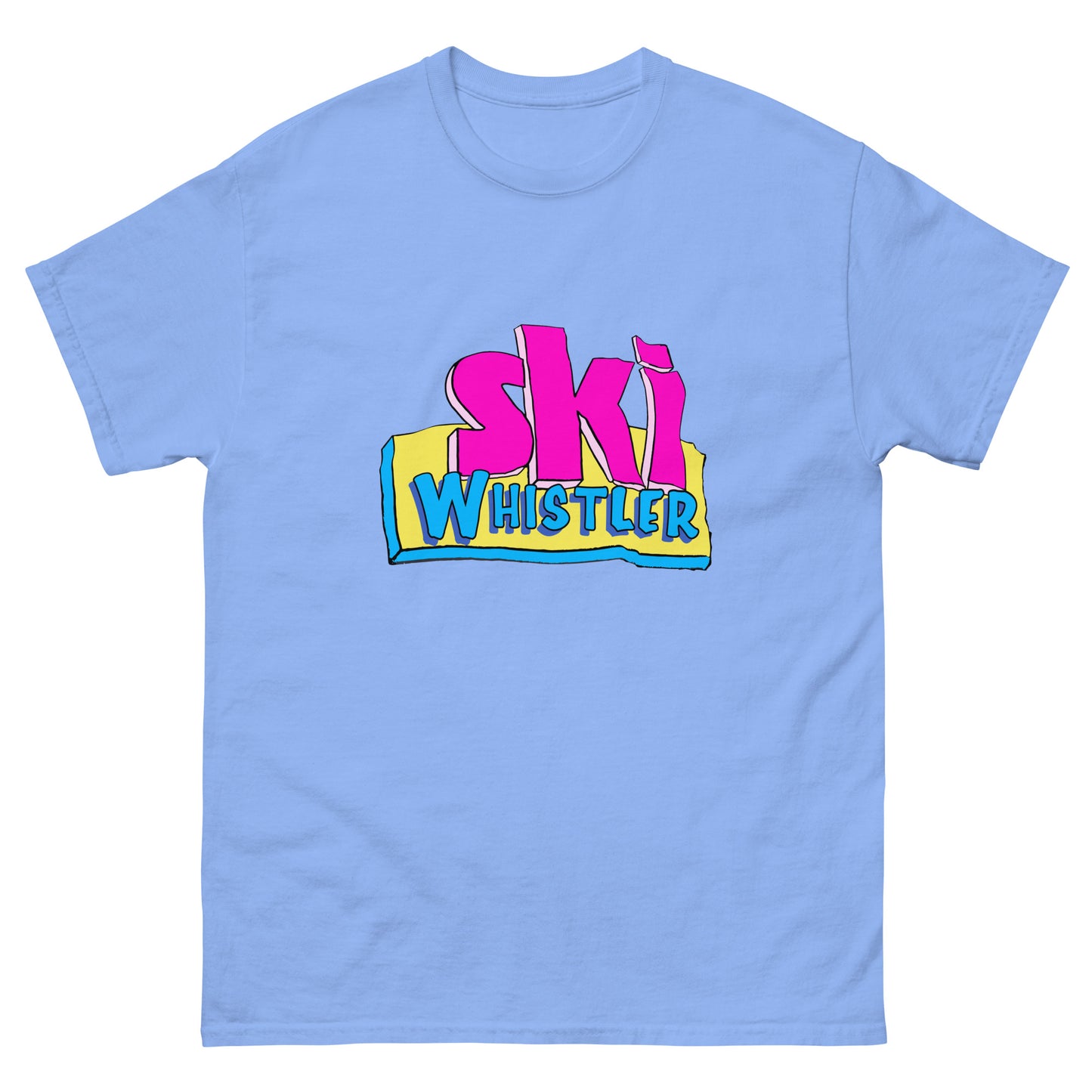 Ski Whistler printed in cartoon text on t-shirt by Whistler Shirts