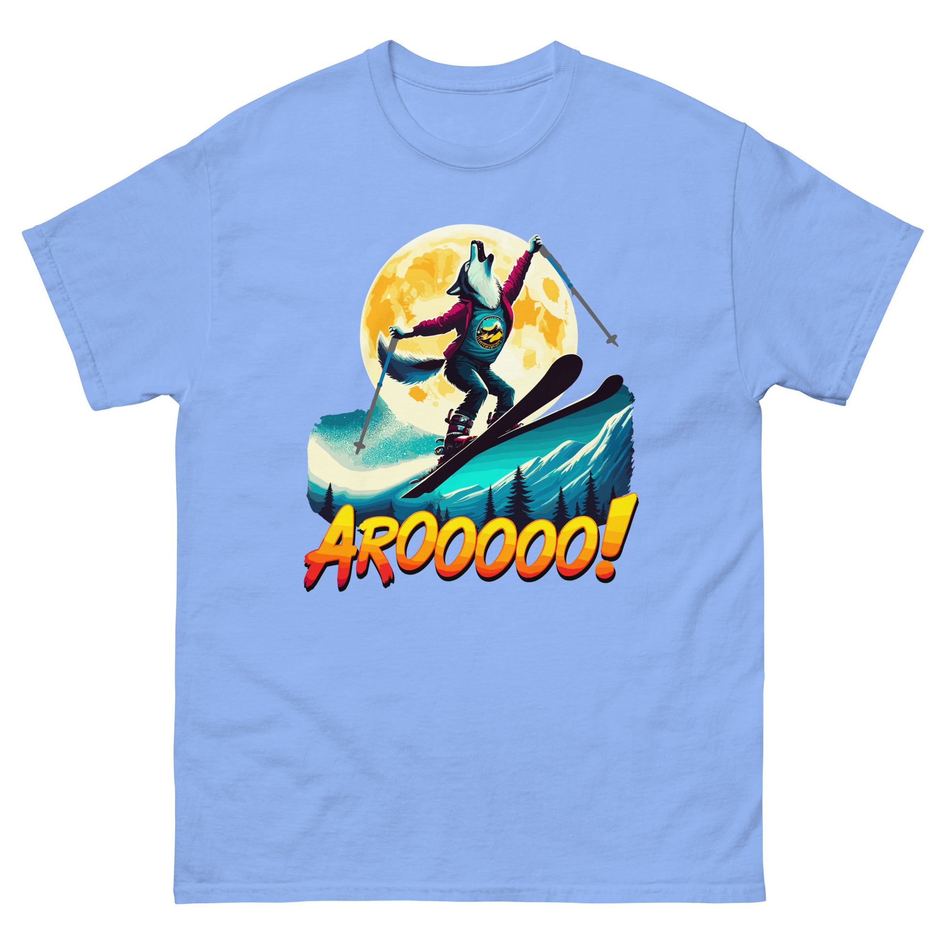 AROOO! Wolf doing a ski jump in front of a full moon printed on a T-shirt by Whistler Shirts