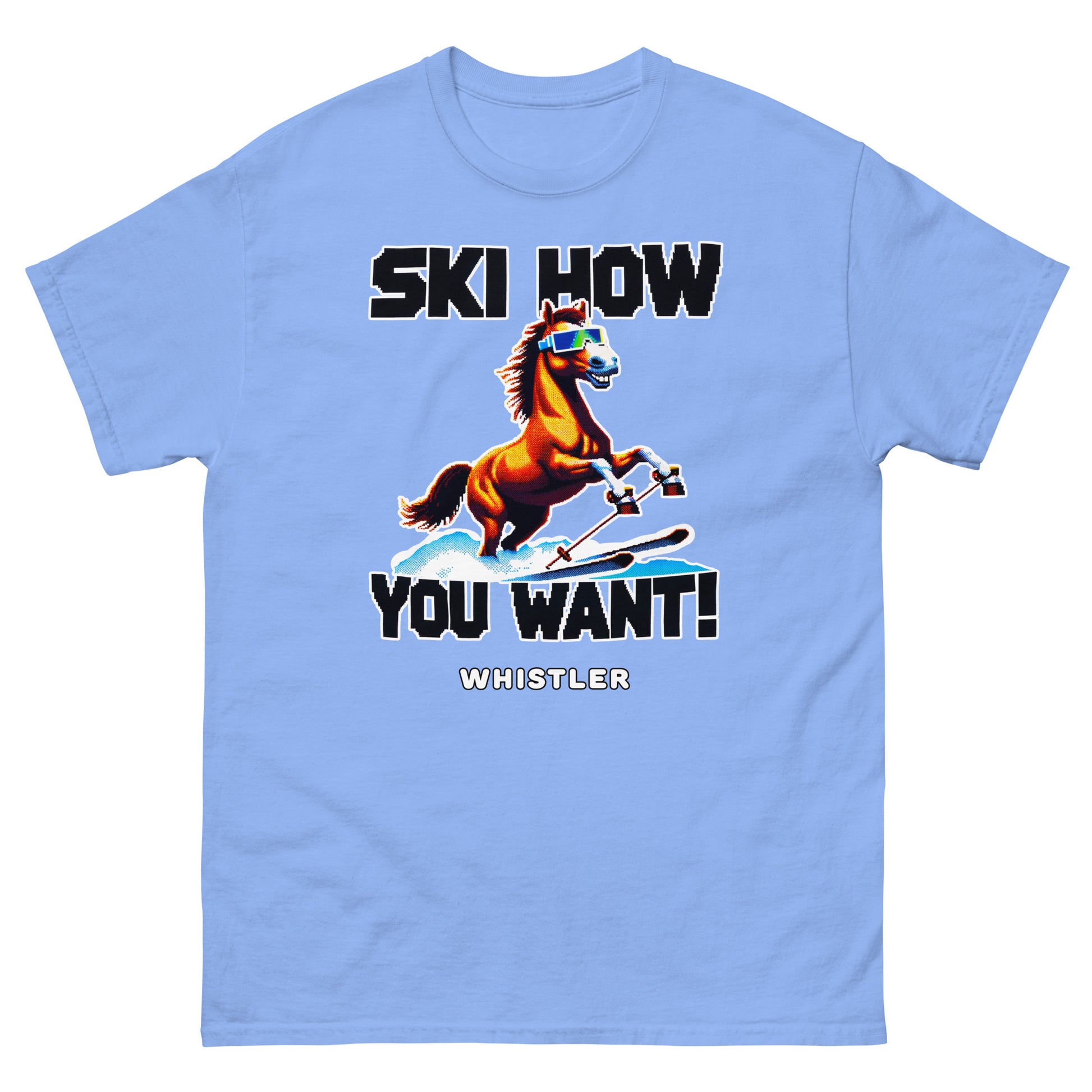 Ski How you want whistler with a skiing horse design printed on a t-shirt by Whistler Shirts