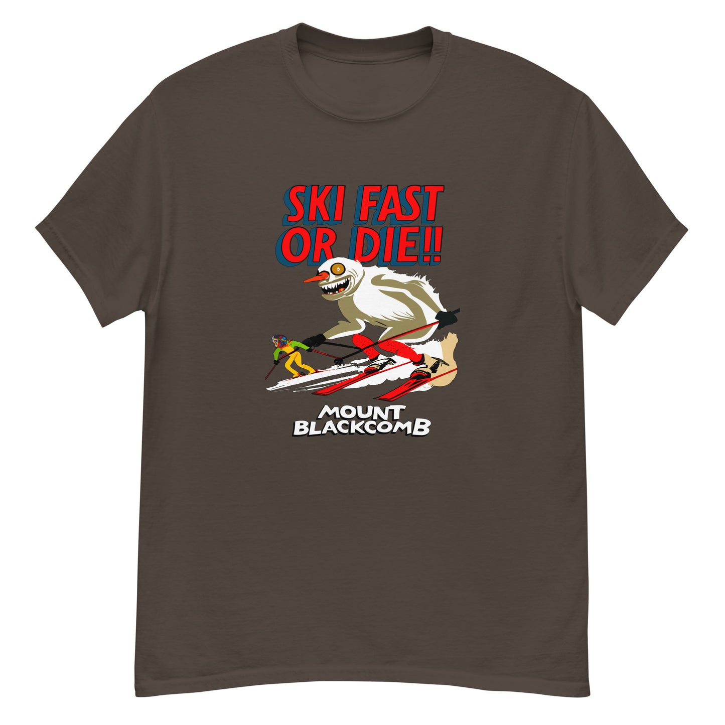Ski fast or die yeti skiing mount blackcomb printed t-shirt by Whistler Shirts
