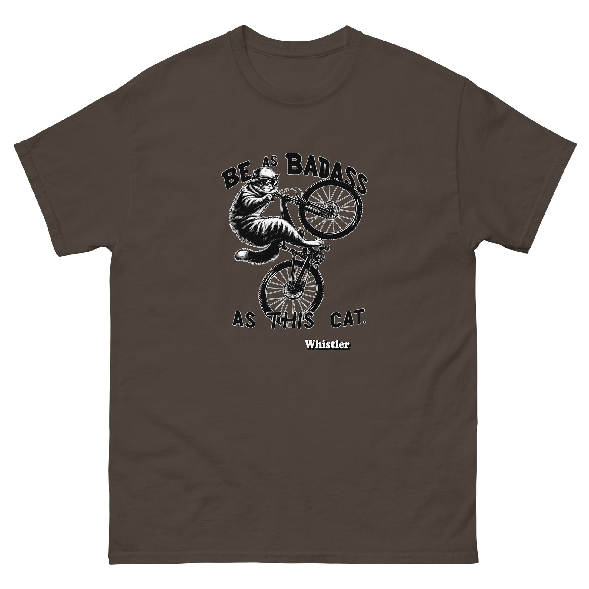 Be as badass as this cat whistler cat riding a bike design printed on a t-shirt by Whistler Shirts