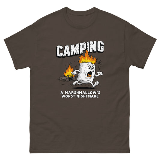 Camping a marshmellows worst nightmare printed t-shirt by Whistler Shirts with print of marshmellows running away from a fire