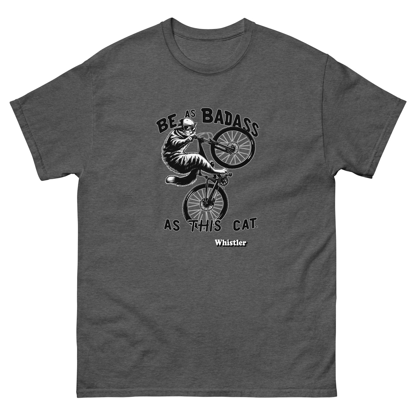 Be as badass as this cat whistler cat riding a bike design printed on a t-shirt by Whistler Shirts
