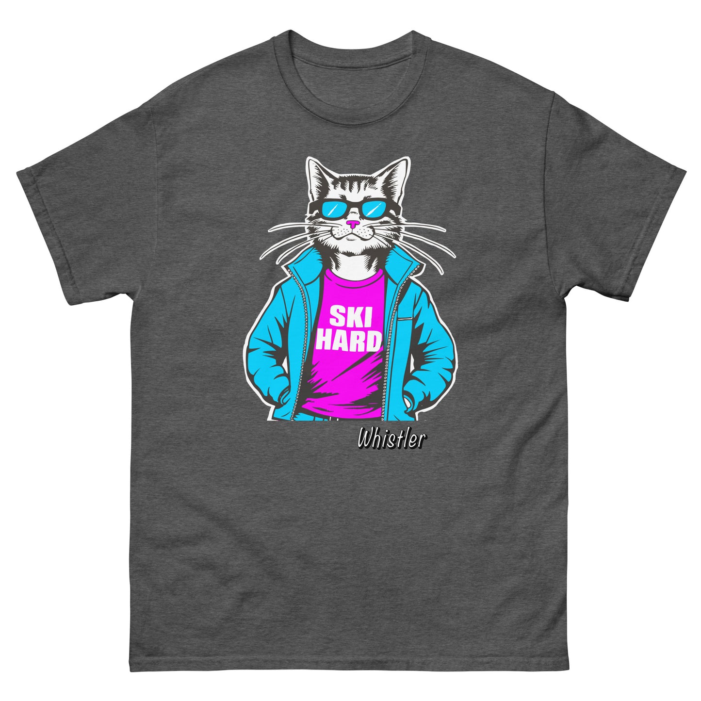 Ski Hard whistler cat design printed on t-shirt by Whistler Shirts