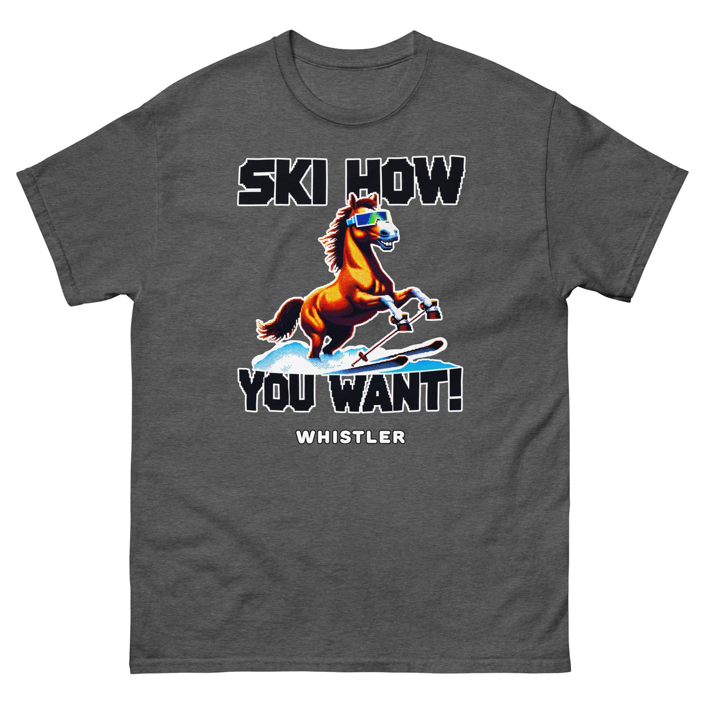 Ski How you want whistler with a skiing horse design printed on a t-shirt by Whistler Shirts