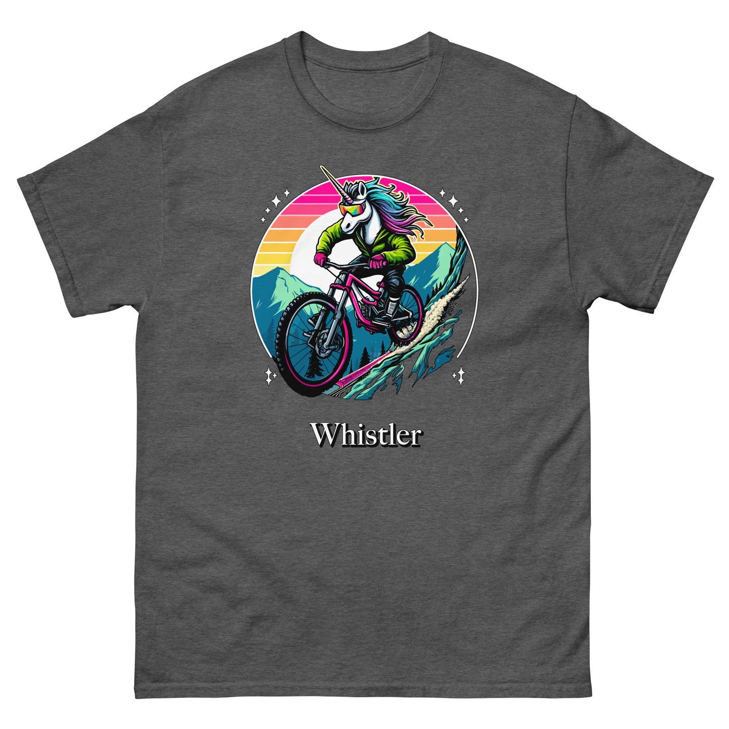 Whistler Unicorn mountain biking down mountain with rainbow background printed T-shirt by Whistler Shirts