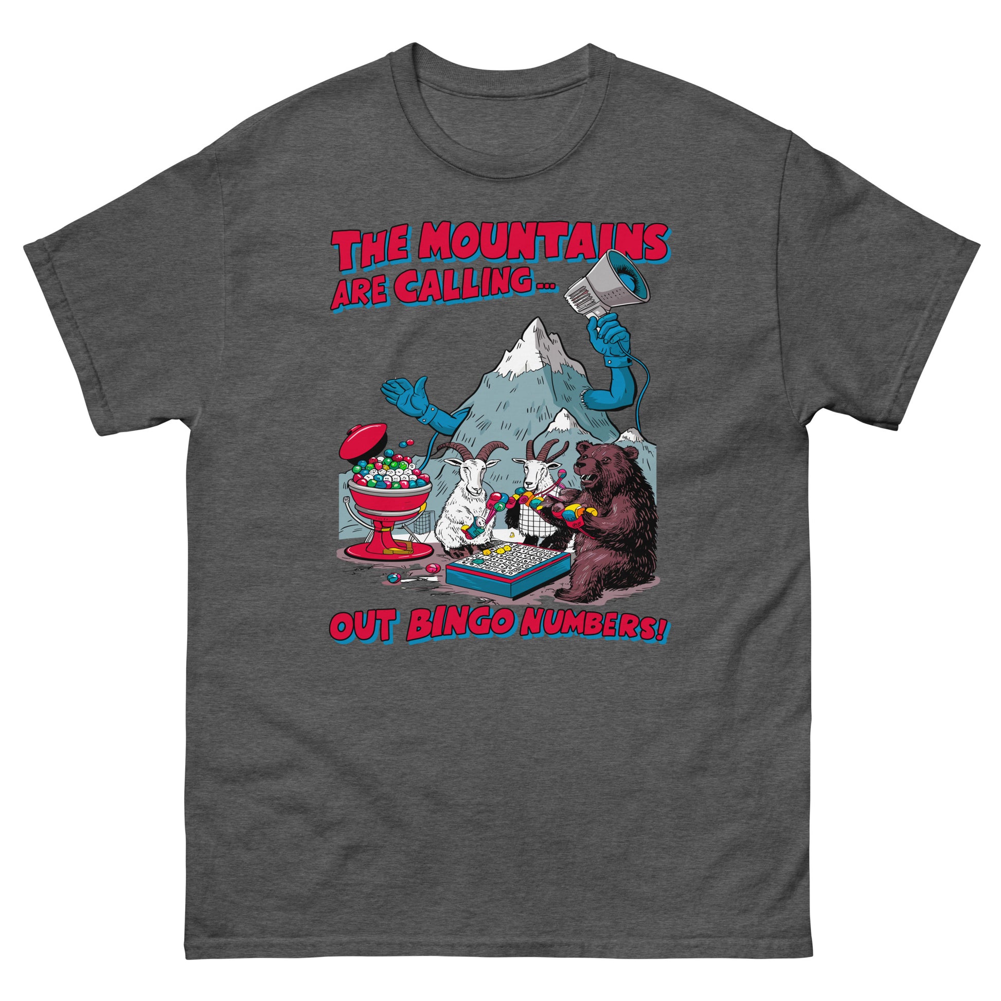 The mountains are calling out bingo numbers design printed on t-shirt by Whistler Shirts