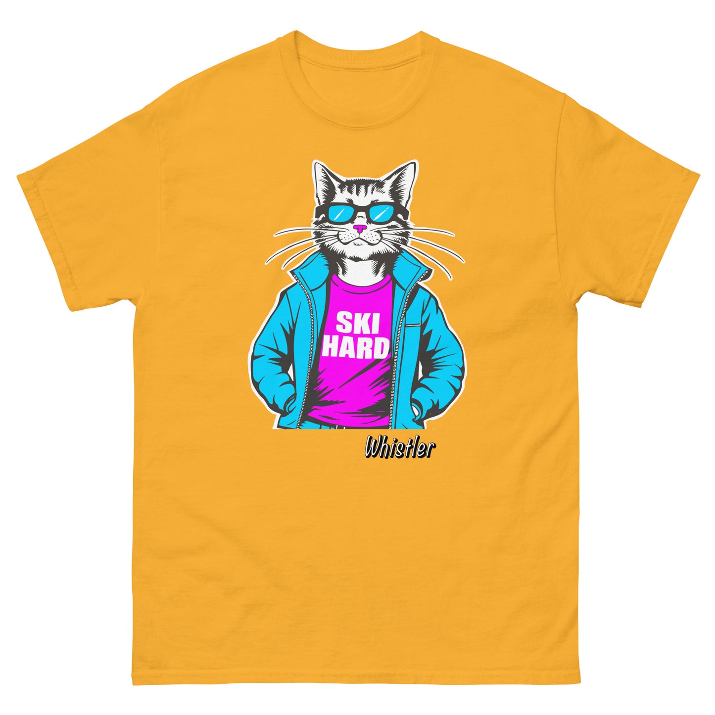 Ski Hard whistler cat design printed on t-shirt by Whistler Shirts