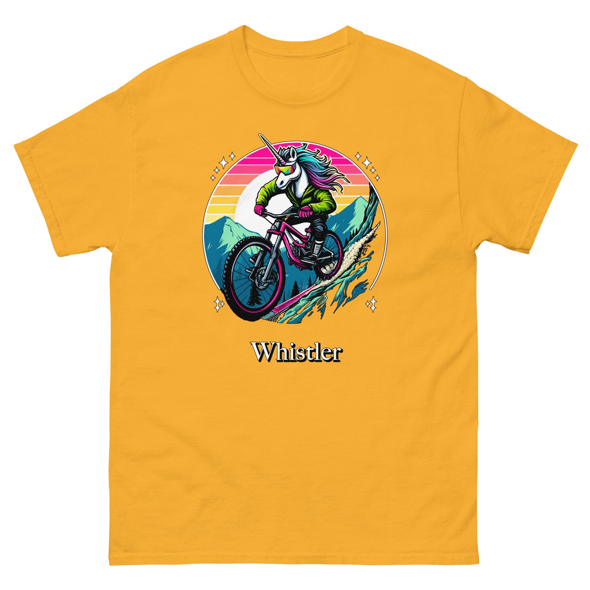 Whistler Unicorn mountain biking down mountain with rainbow background printed T-shirt by Whistler Shirts