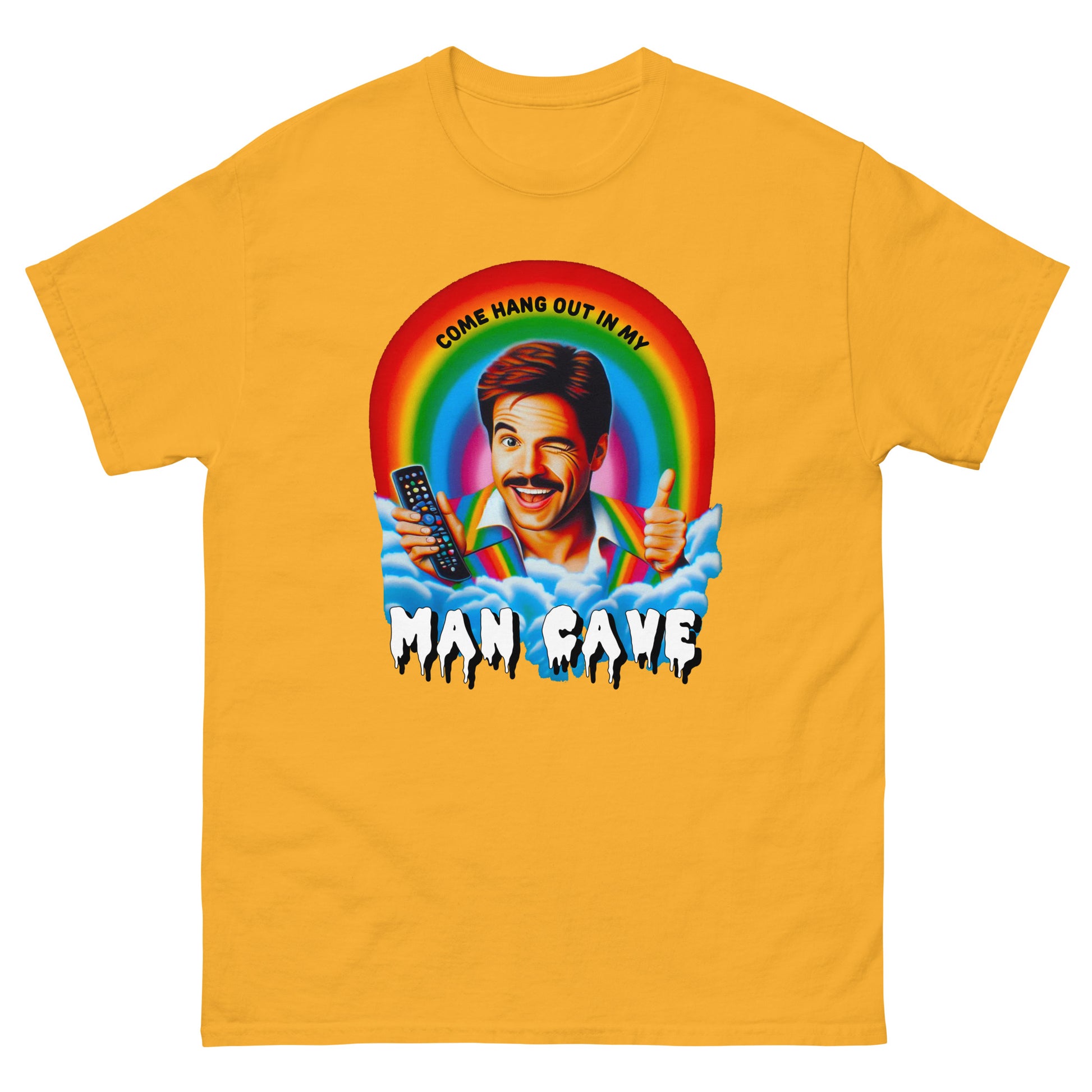 Come hang out in my man cave design printed on t-shirt by Whistler Shirts