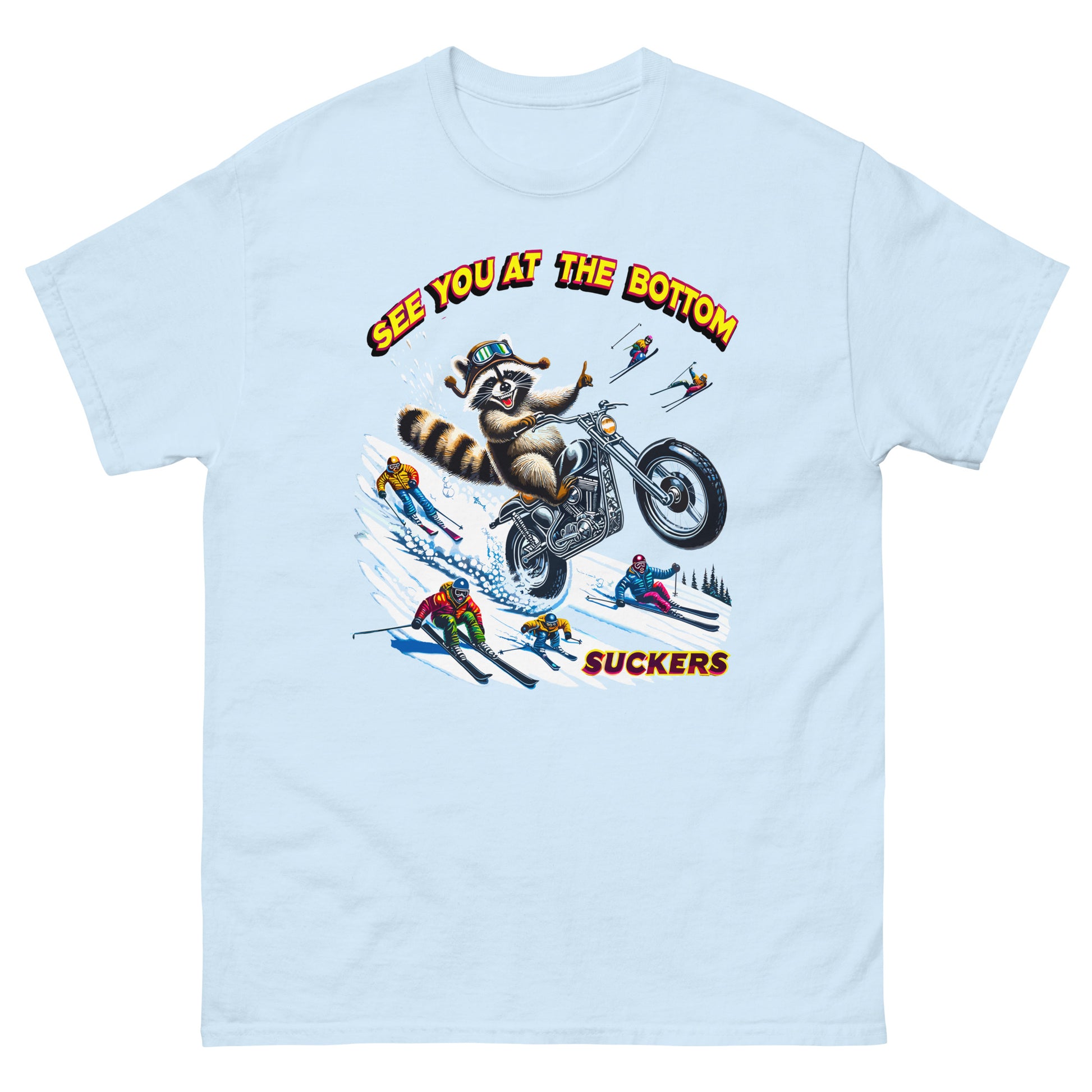 See you at the bottom suckers, racoon biking down the snow, printed t-shirt by Whistler Shirts