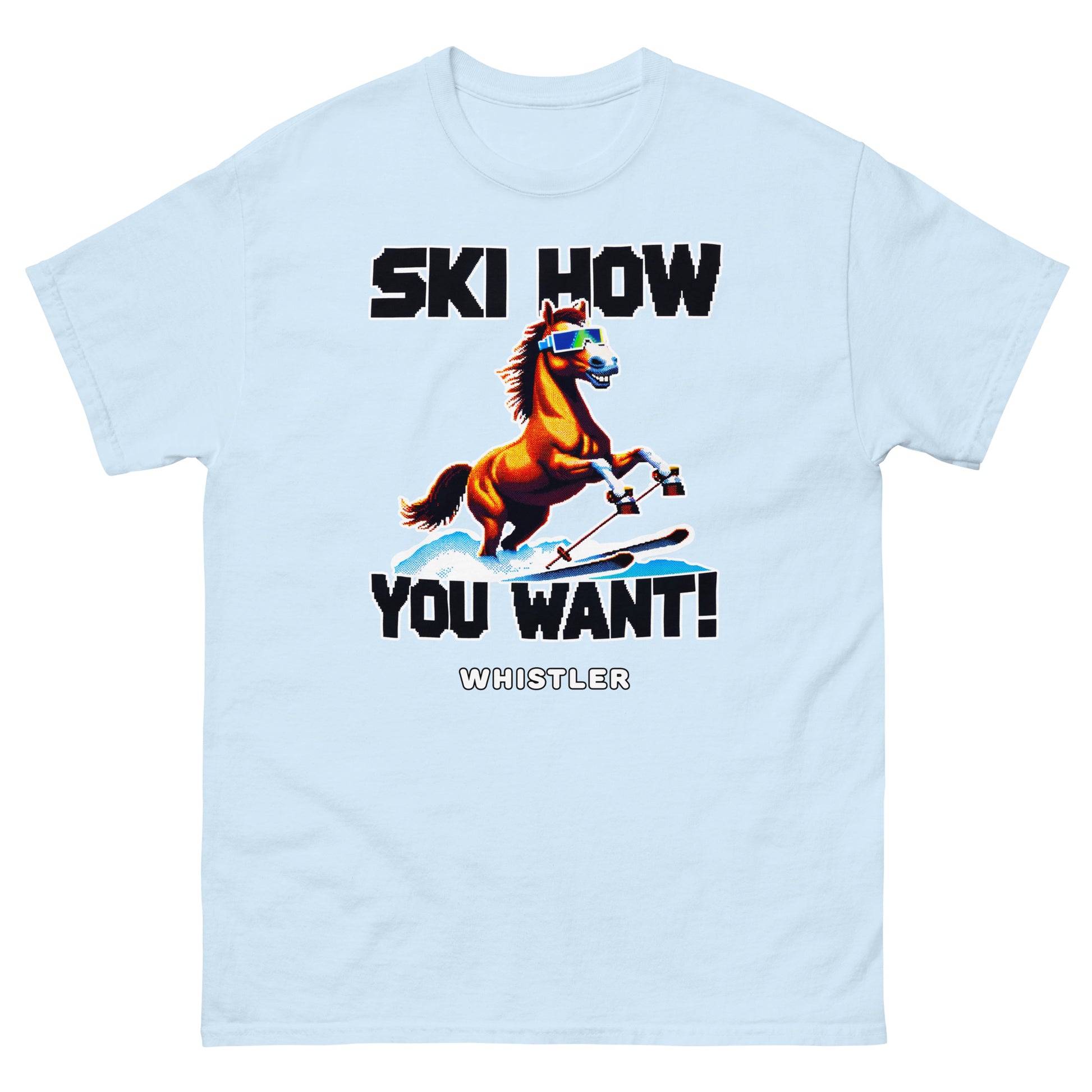 Ski How you want whistler with a skiing horse design printed on a t-shirt by Whistler Shirts