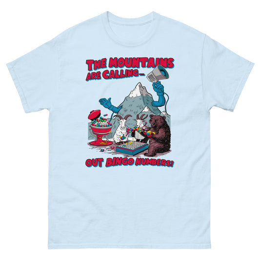 The mountains are calling out bingo numbers design printed on t-shirt by Whistler Shirts