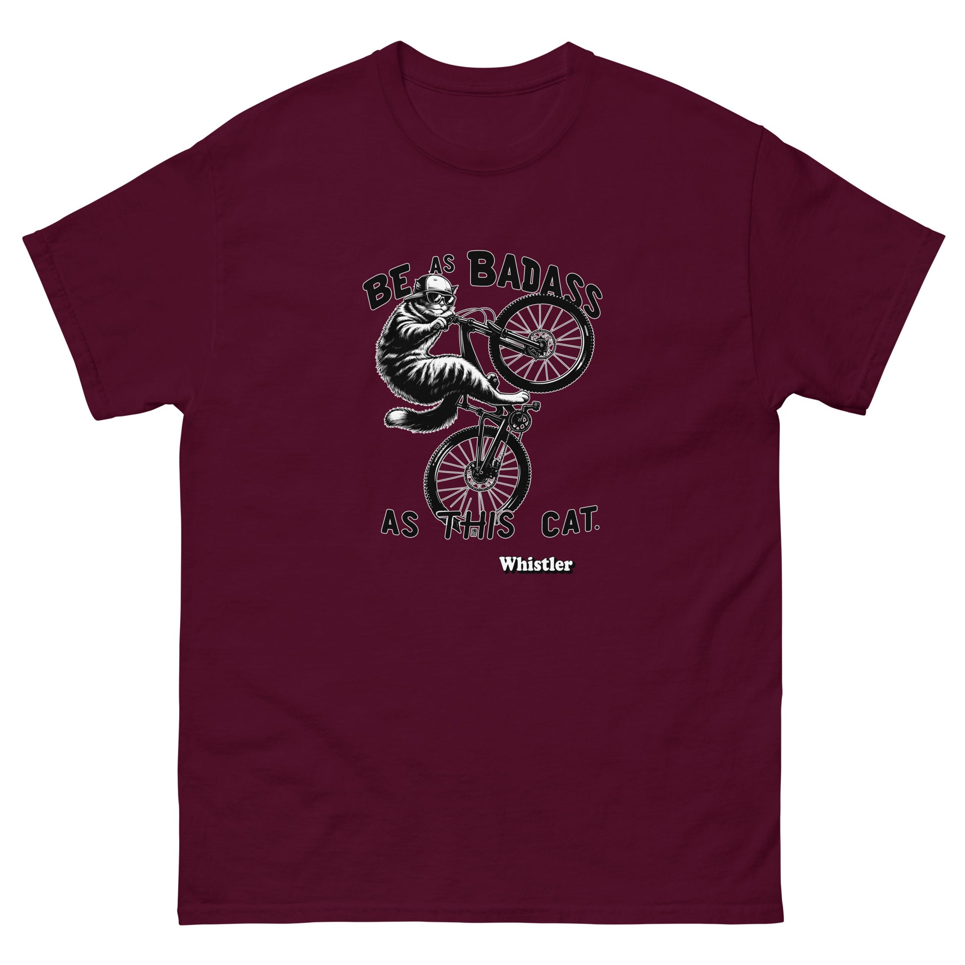 Be as badass as this cat whistler cat riding a bike design printed on a t-shirt by Whistler Shirts