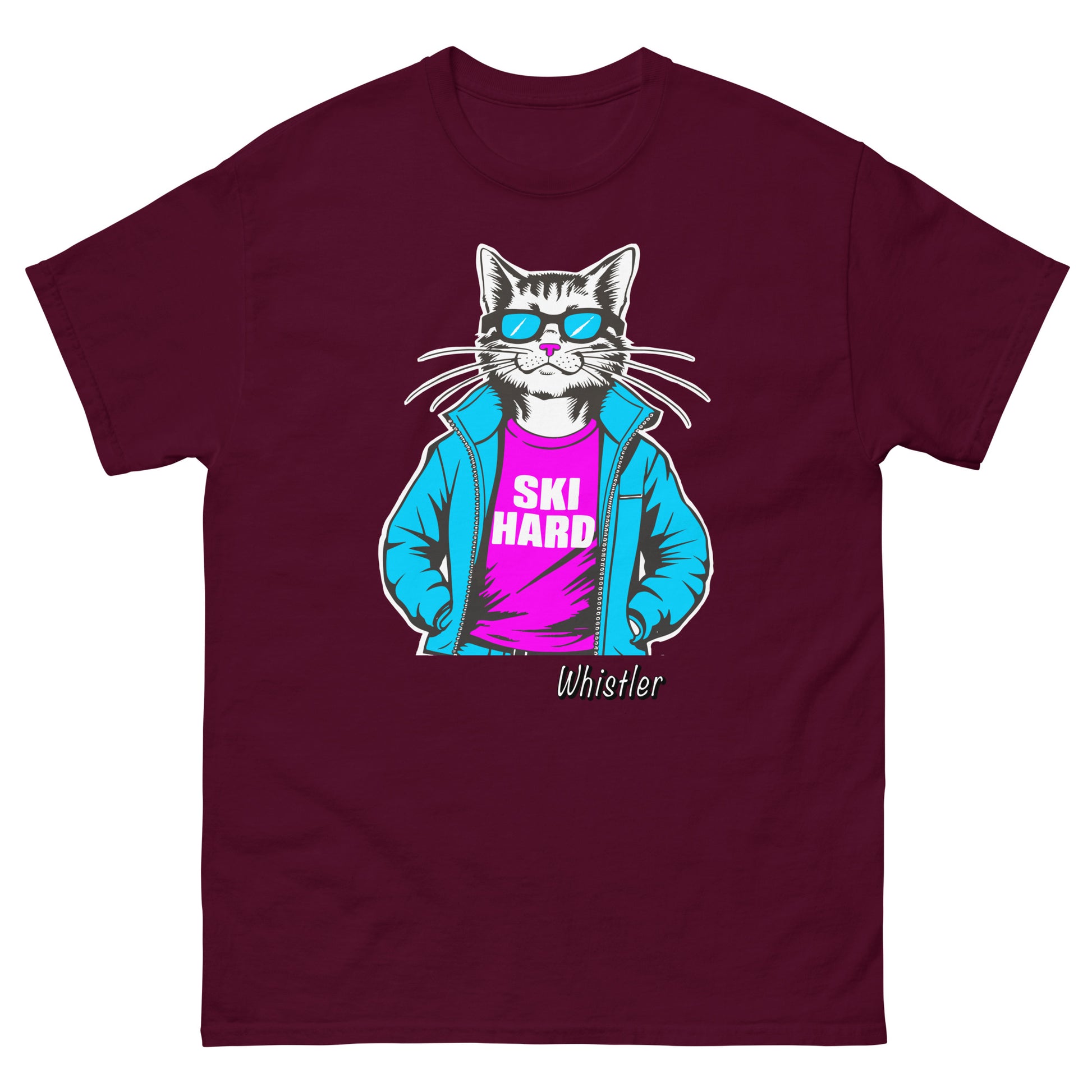 Ski Hard whistler cat design printed on t-shirt by Whistler Shirts