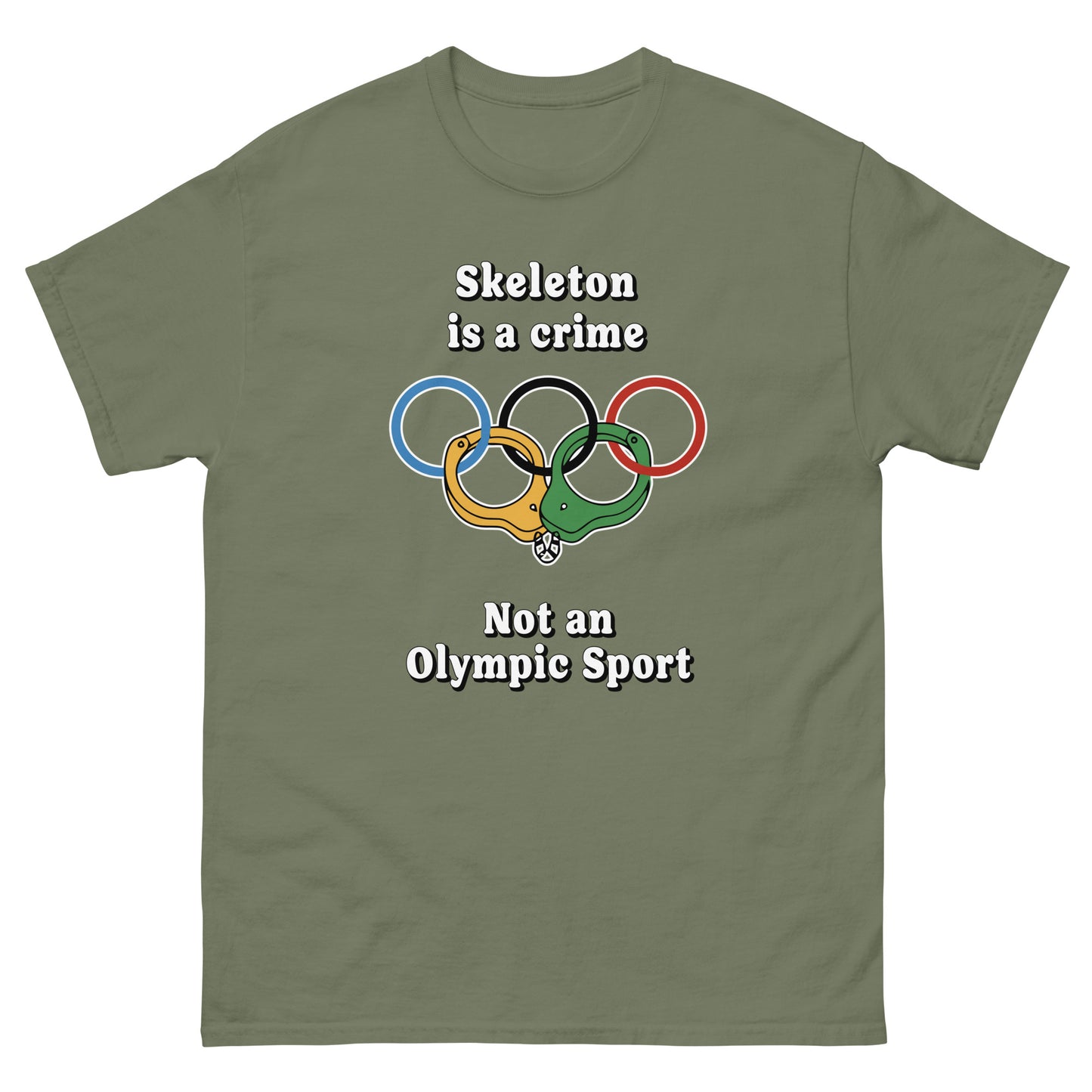 Skeleton is crime not an olympic sport design printed on a t-shirt by Whistler Shirts