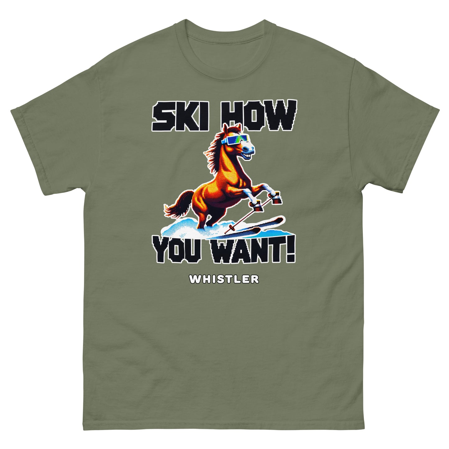 Ski How you want whistler with a skiing horse design printed on a t-shirt by Whistler Shirts