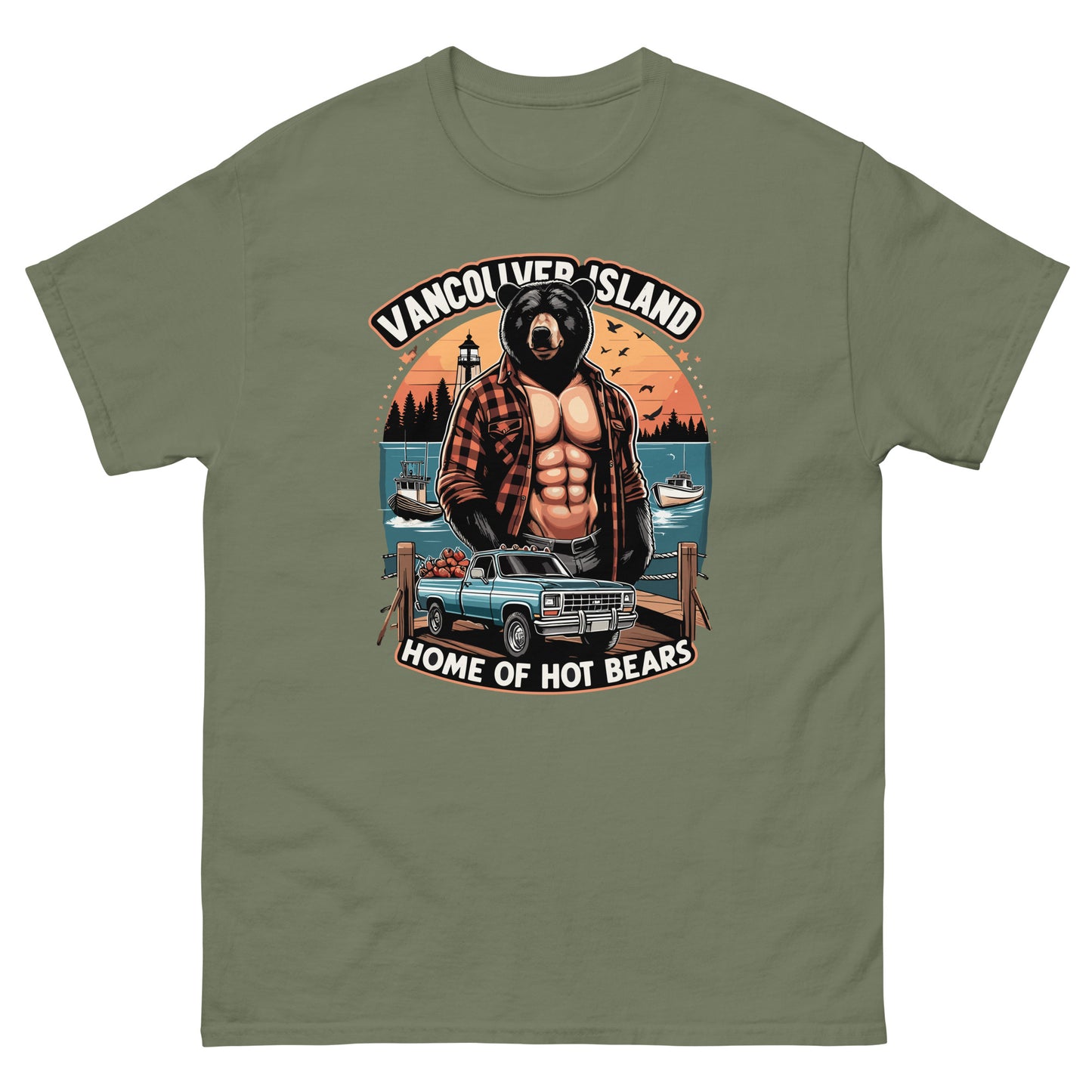 T-shirt with Vancouver Island Home of Bears print wtih a shirtless man with a bear head, truck and ocean behind, printed by Whistler Shirts
