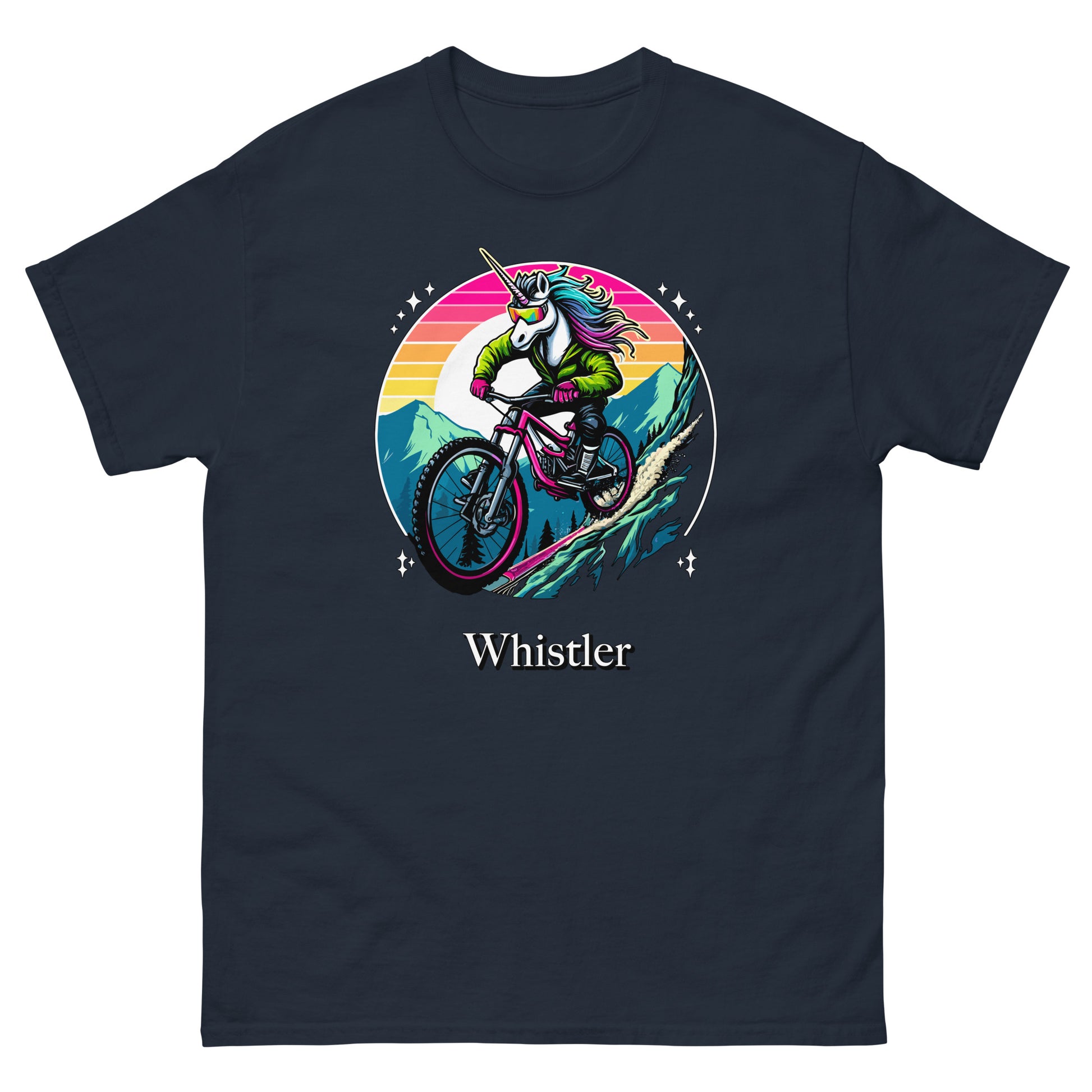 Whistler Unicorn mountain biking down mountain with rainbow background printed T-shirt by Whistler Shirts