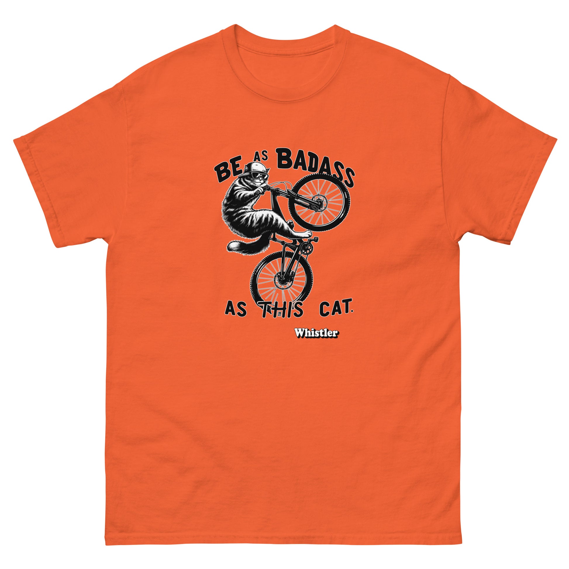 Be as badass as this cat whistler cat riding a bike design printed on a t-shirt by Whistler Shirts