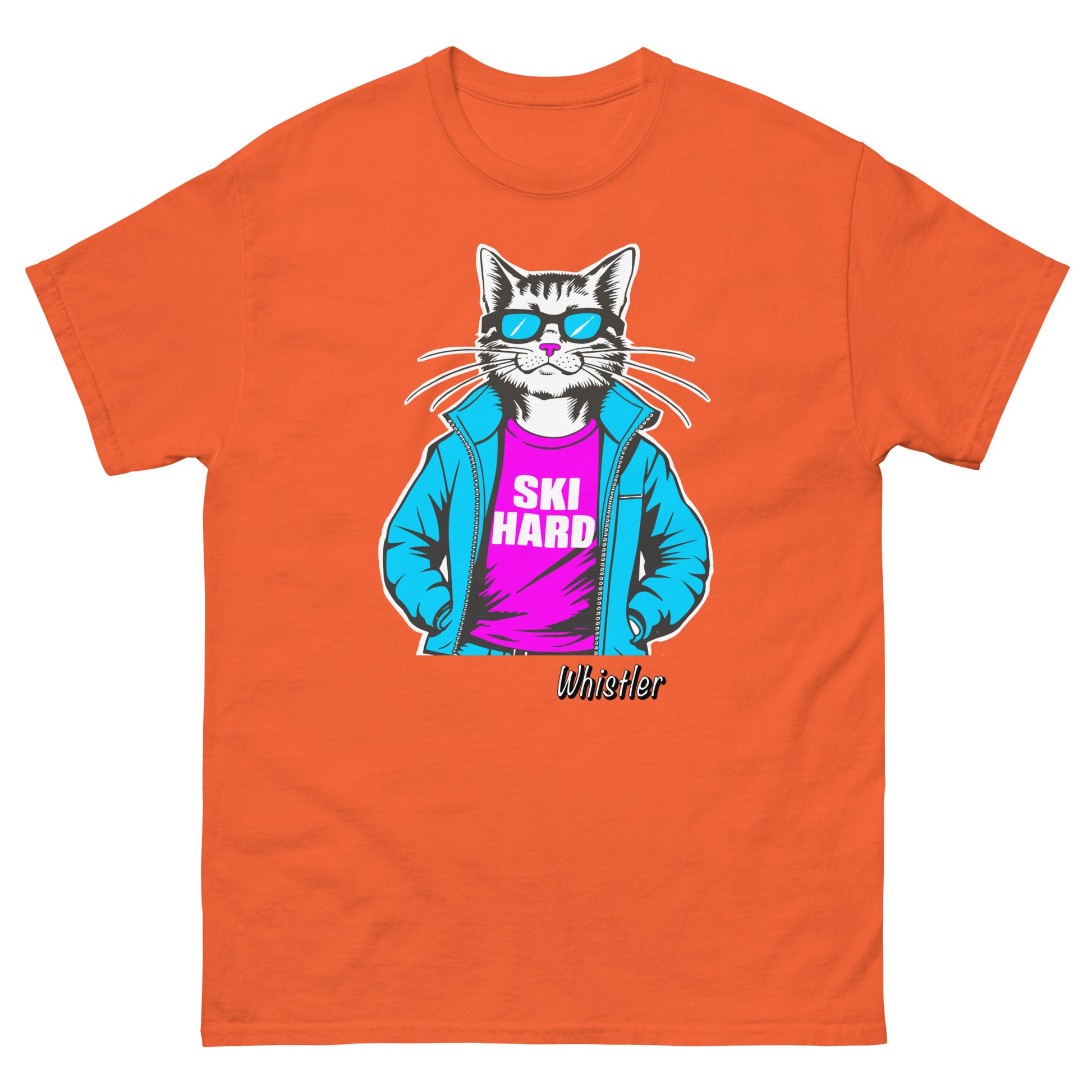 Ski Hard whistler cat design printed on t-shirt by Whistler Shirts