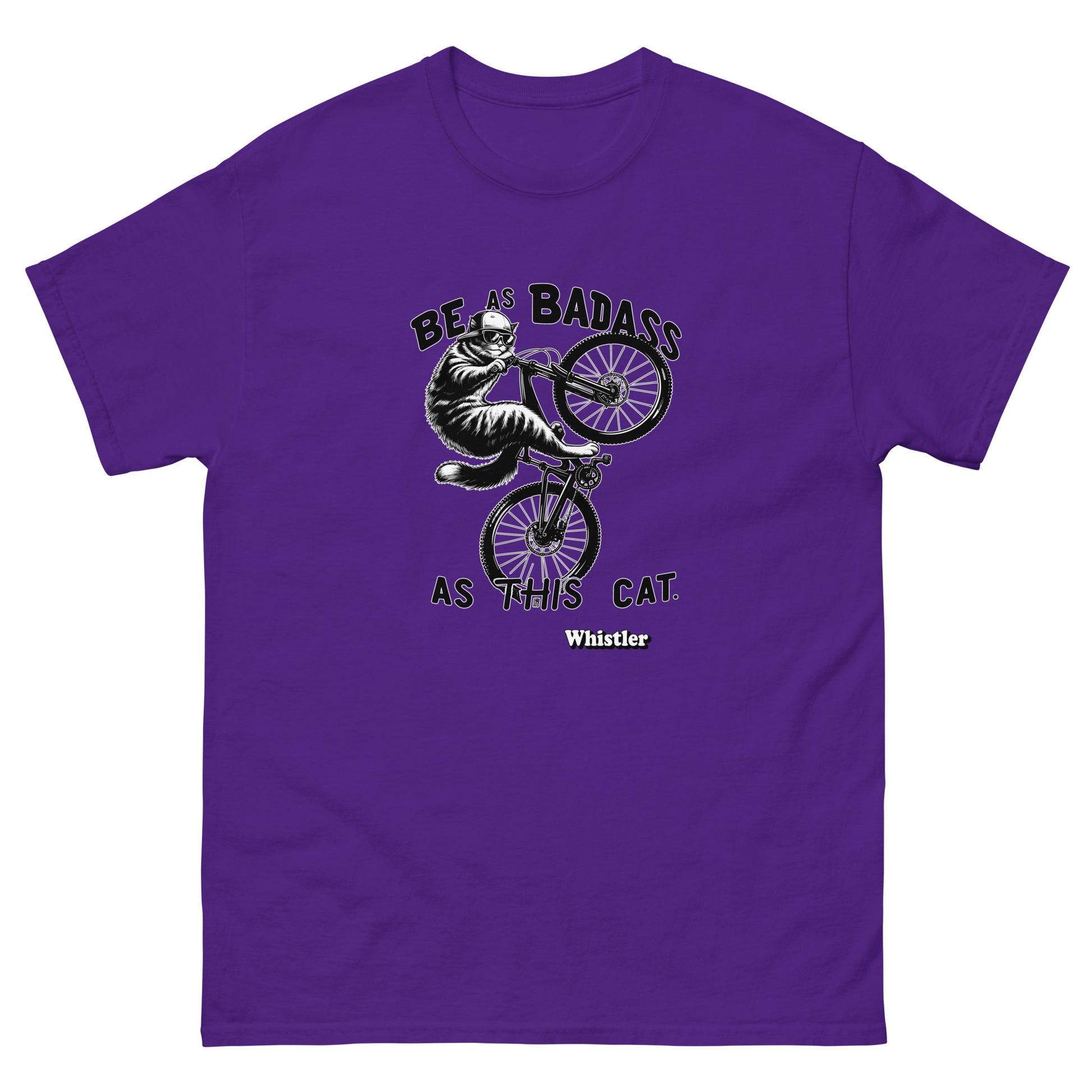 Be as badass as this cat whistler cat riding a bike design printed on a t-shirt by Whistler Shirts