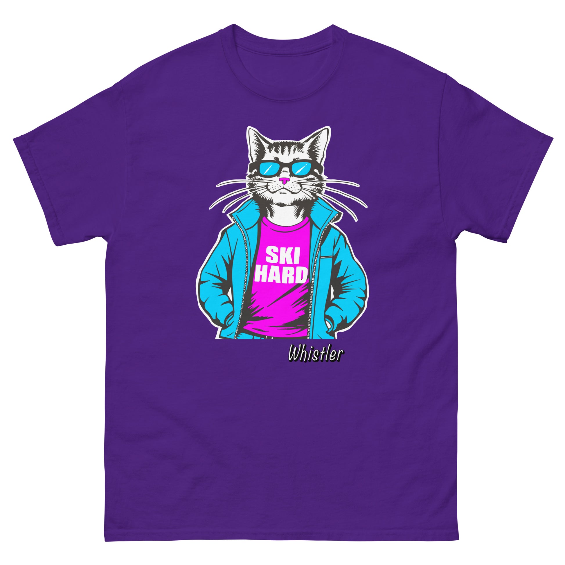 Ski Hard whistler cat design printed on t-shirt by Whistler Shirts