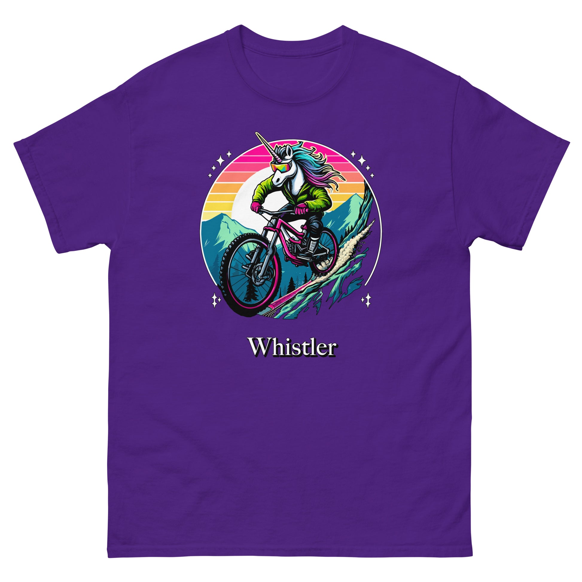 Whistler Unicorn mountain biking down mountain with rainbow background printed T-shirt by Whistler Shirts