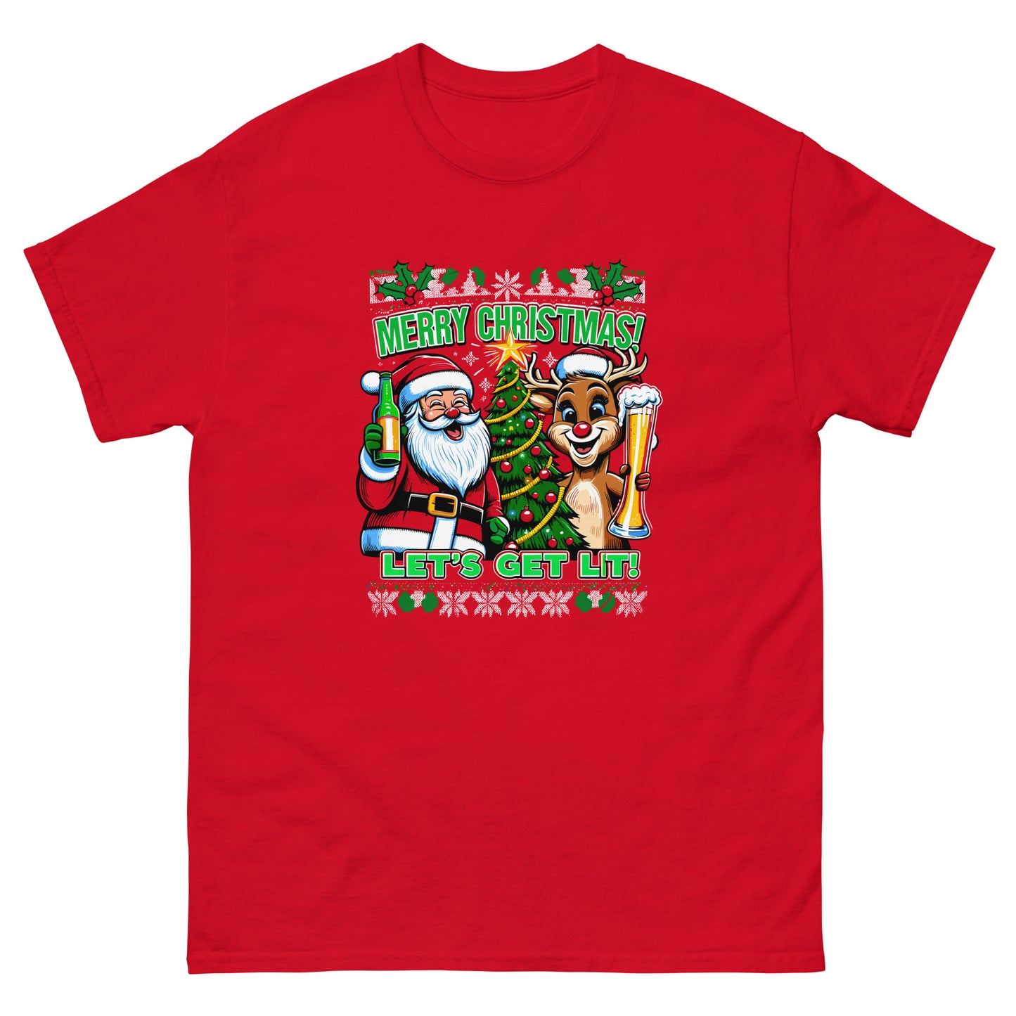 Merry Christmas lets get lit with santa and rudolf printed ugly christmas t-shirt by Whistler Shirts
