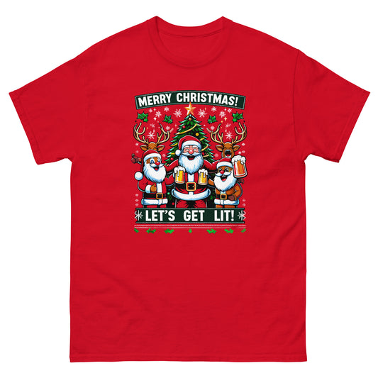 Merry Christmas lets get lit with santa printed ugly christmas t-shirt by whistler shirts