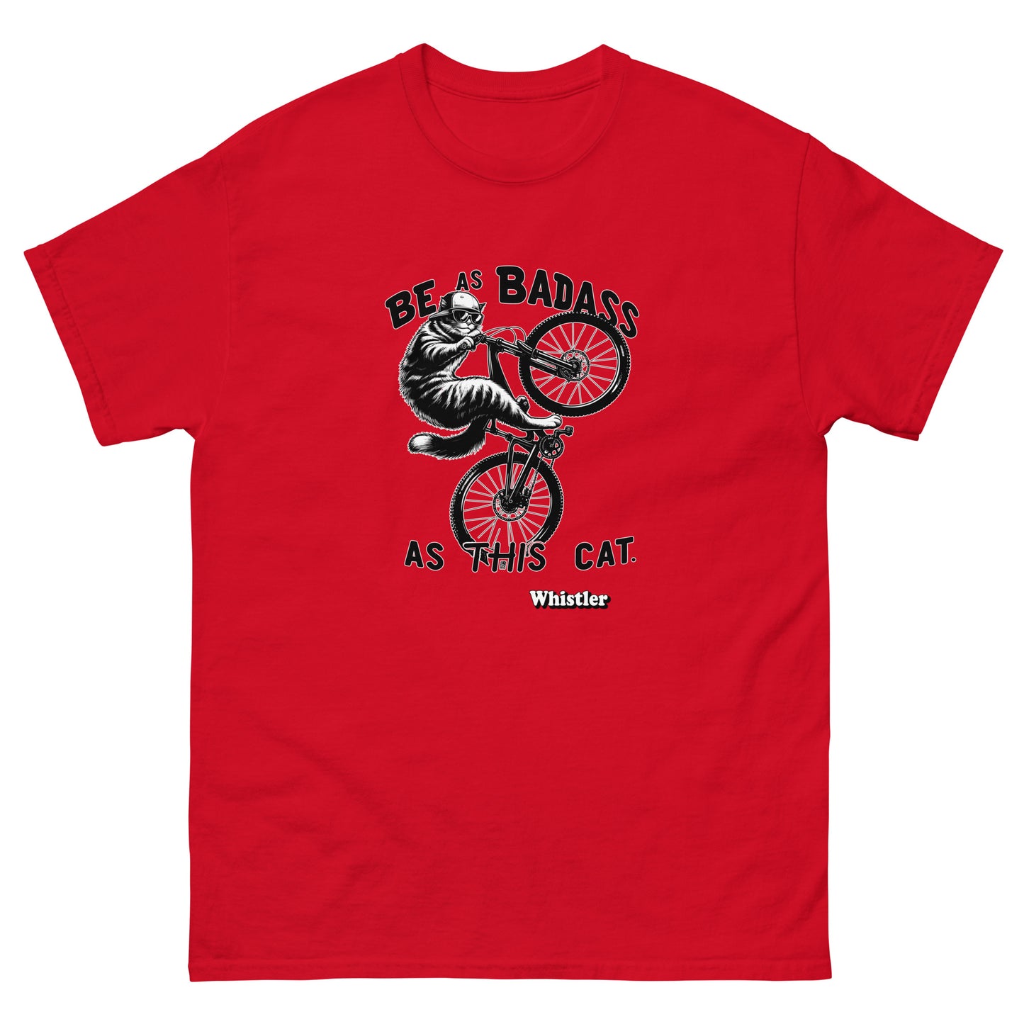 Be as badass as this cat whistler cat riding a bike design printed on a t-shirt by Whistler Shirts