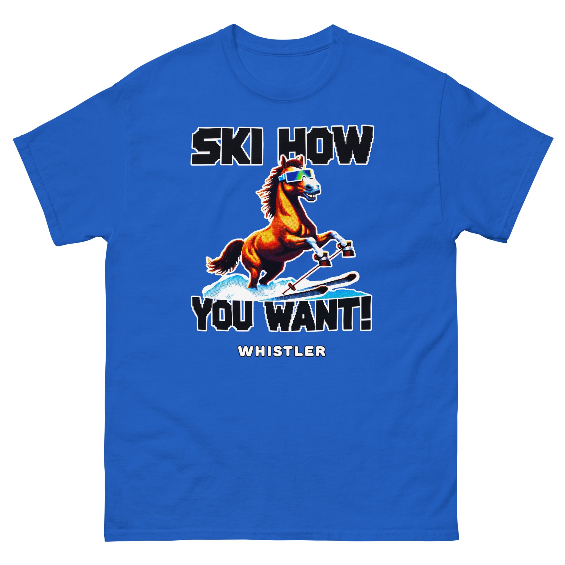 Ski How you want whistler with a skiing horse design printed on a t-shirt by Whistler Shirts