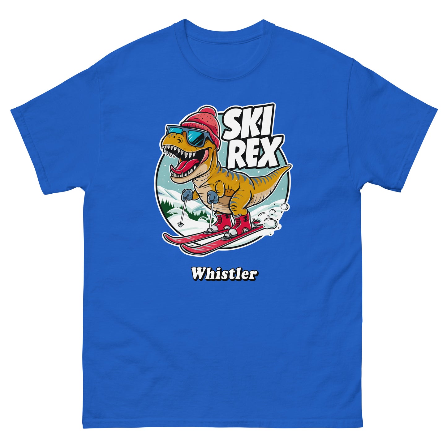 Ski Rex Whistler t-rex skiing printed t-shirts by Whistler Shirts