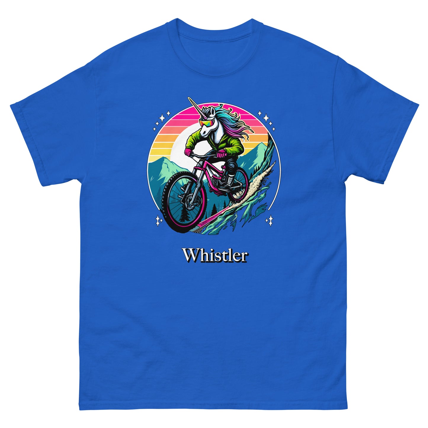 Whistler Unicorn mountain biking down mountain with rainbow background printed T-shirt by Whistler Shirts