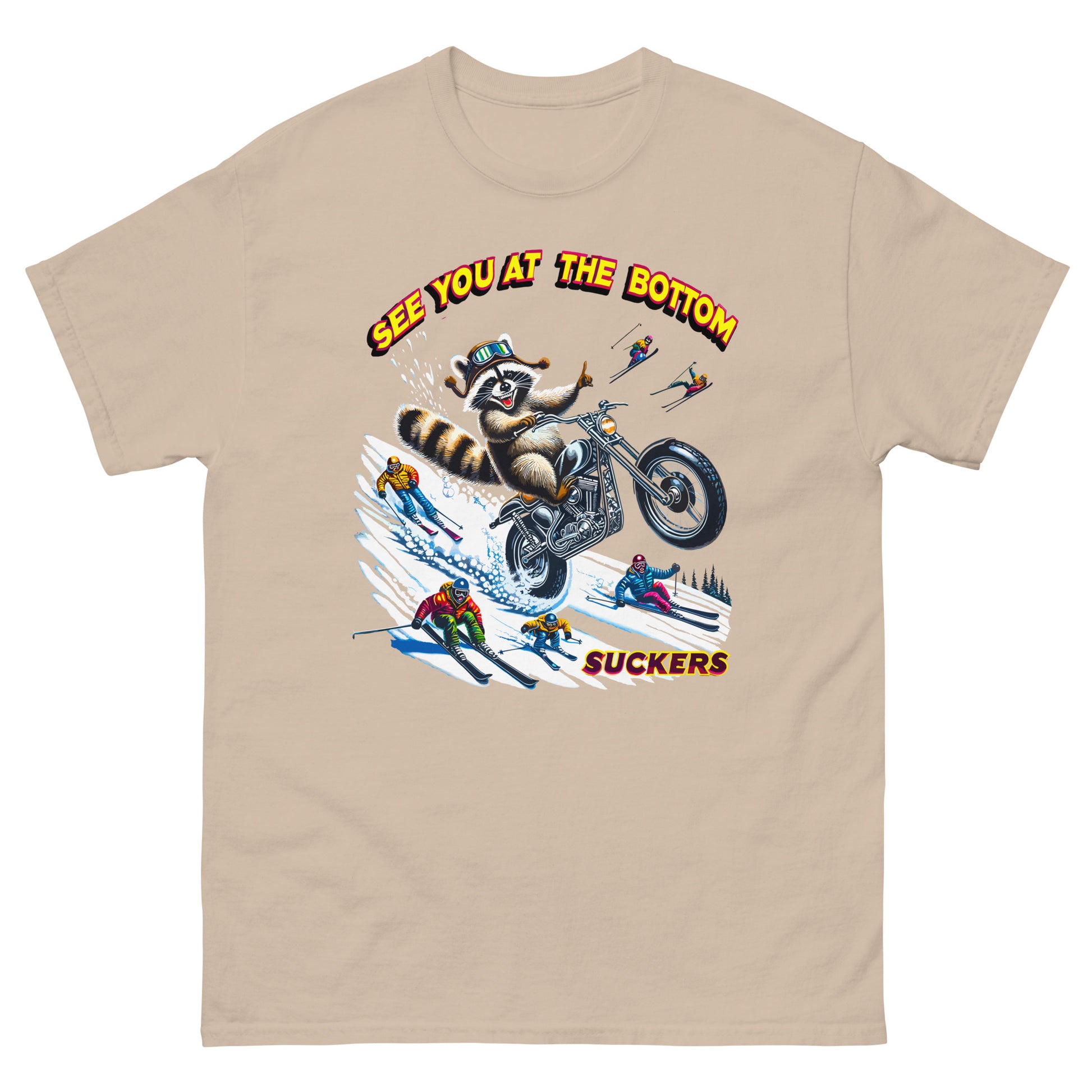 See you at the bottom suckers, racoon biking down the snow, printed t-shirt by Whistler Shirts