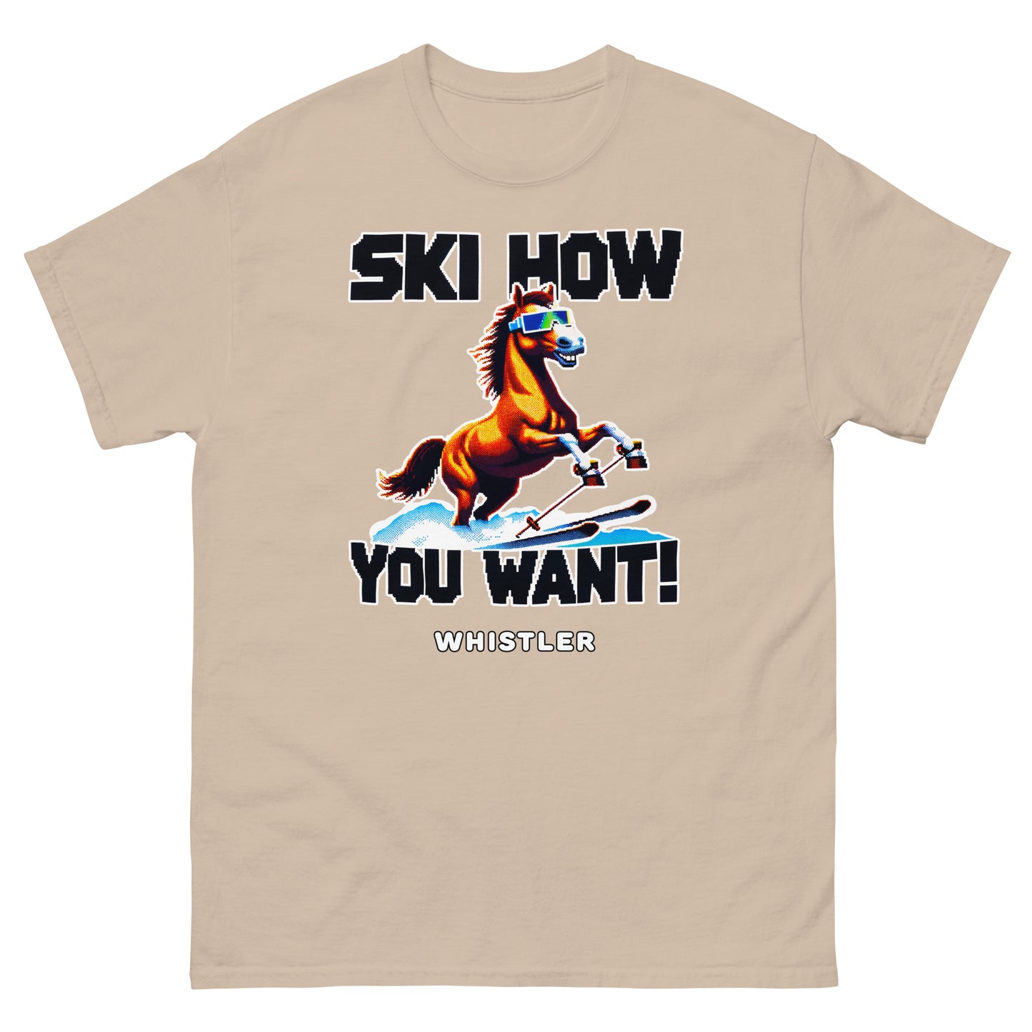 Ski How you want whistler with a skiing horse design printed on a t-shirt by Whistler Shirts