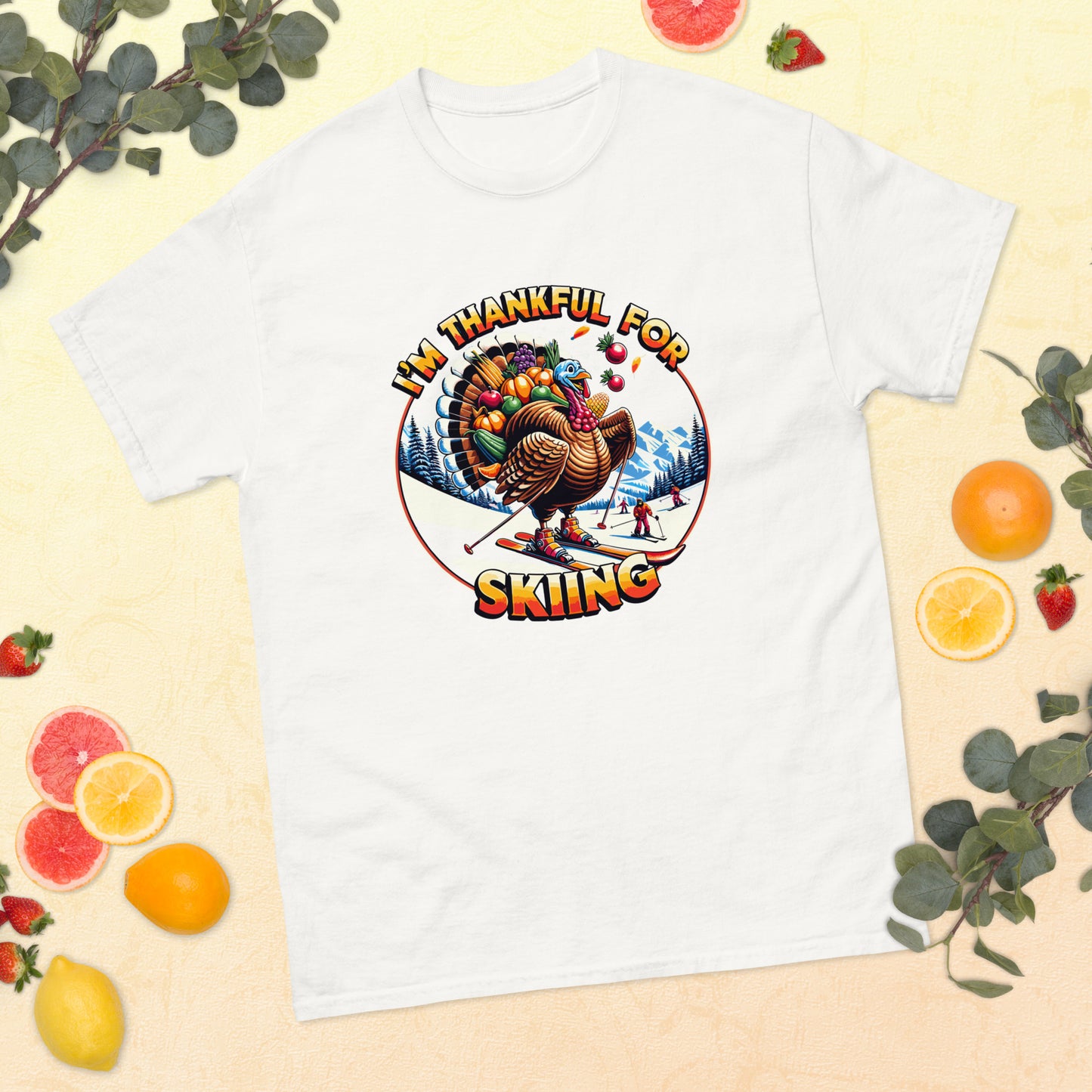 Thanksgiving turkey is thankful for skiing printed t-shirt by Whistler Shirts