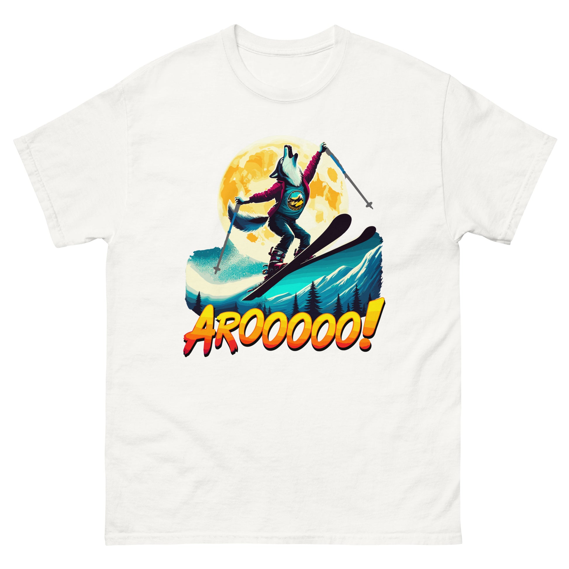 AROOO! Wolf doing a ski jump in front of a full moon printed on a T-shirt by Whistler Shirts