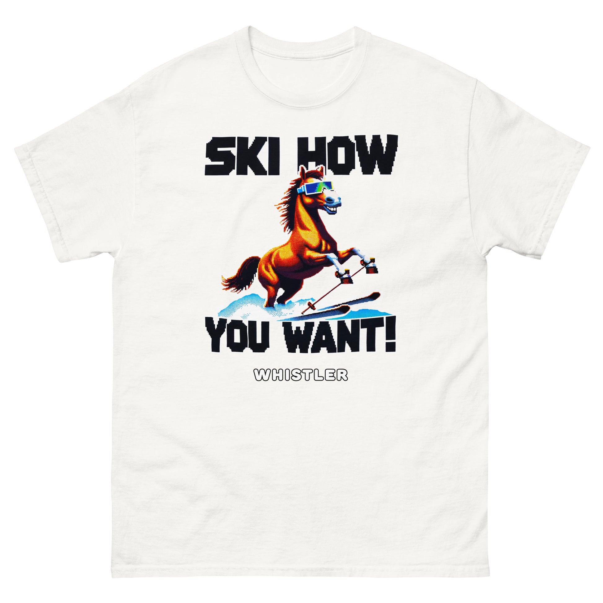 Ski How you want whistler with a skiing horse design printed on a t-shirt by Whistler Shirts