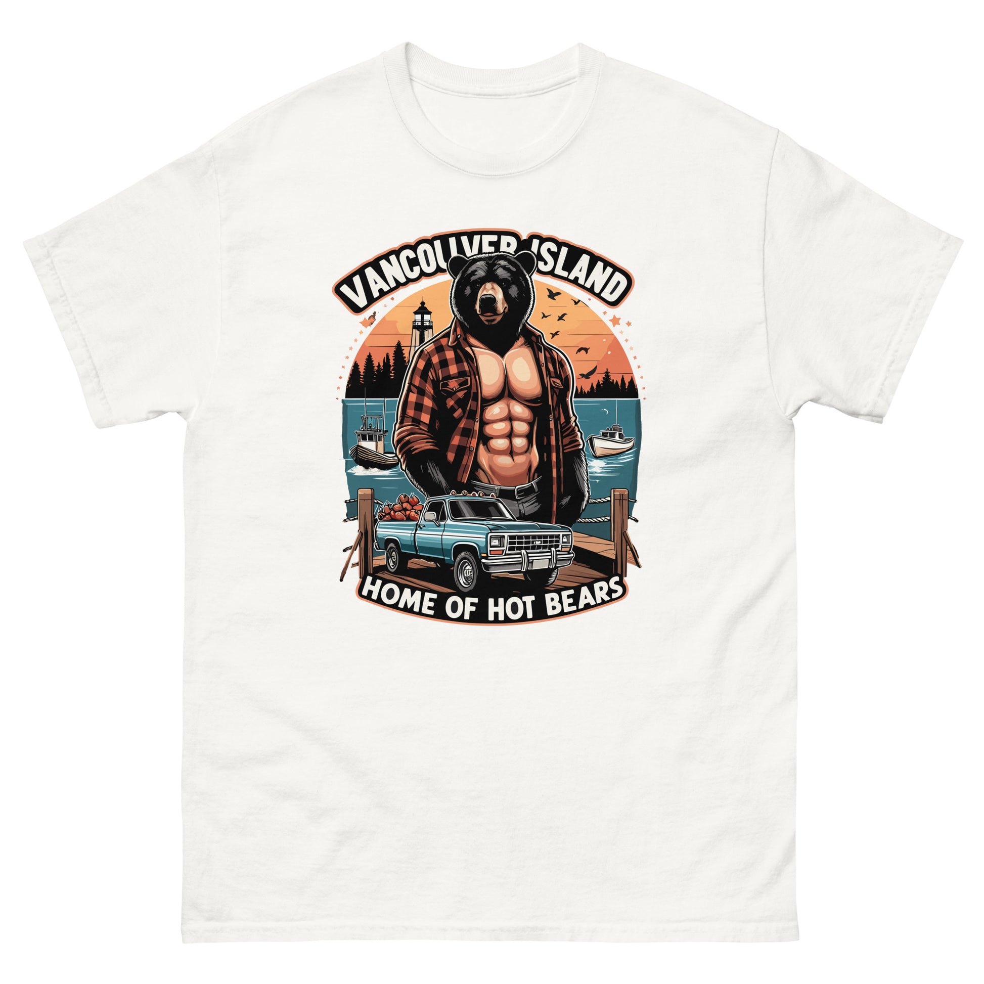 T-shirt with Vancouver Island Home of Bears print wtih a shirtless man with a bear head, truck and ocean behind, printed by Whistler Shirts