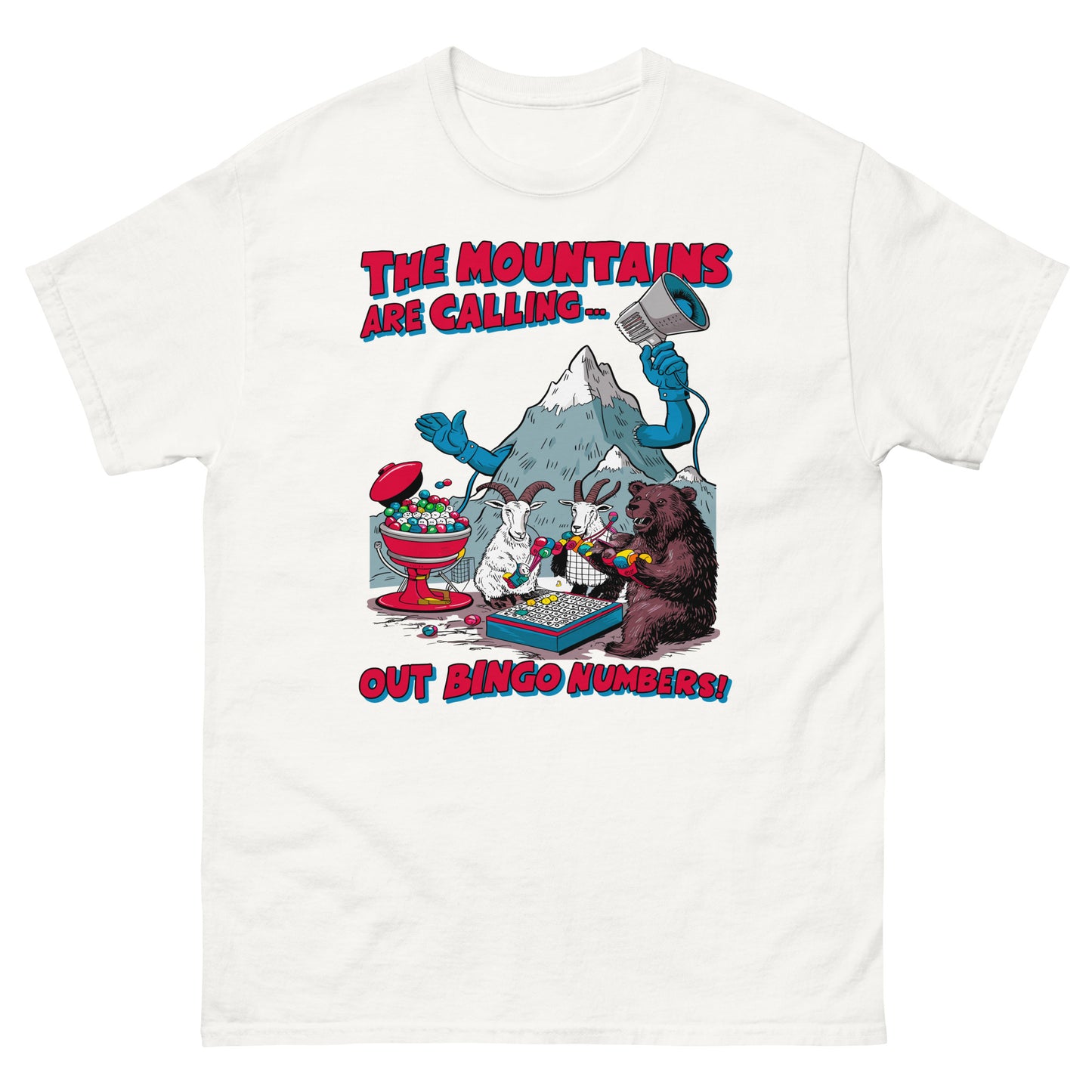 The mountains are calling out bingo numbers design printed on t-shirt by Whistler Shirts