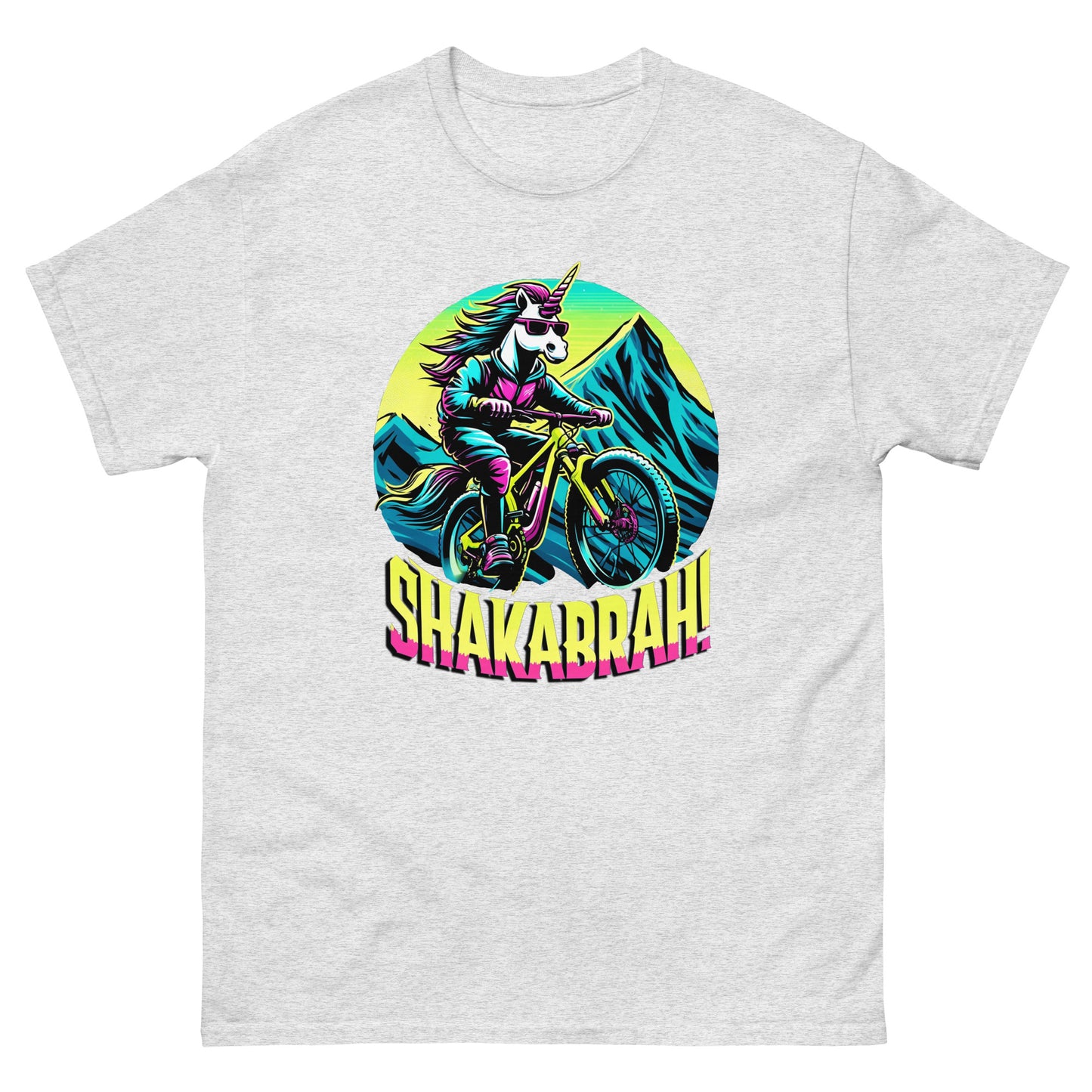 Shakabrah Colourful Mountain Biking Unicorn design printed on a t-shirt by Whistler Shirts