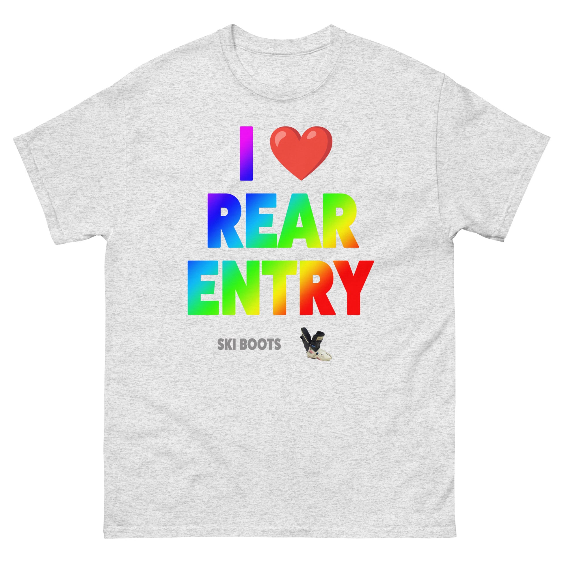 I Love Rear Entry Ski Boots design printed on t-shirt by Whistler Shirts