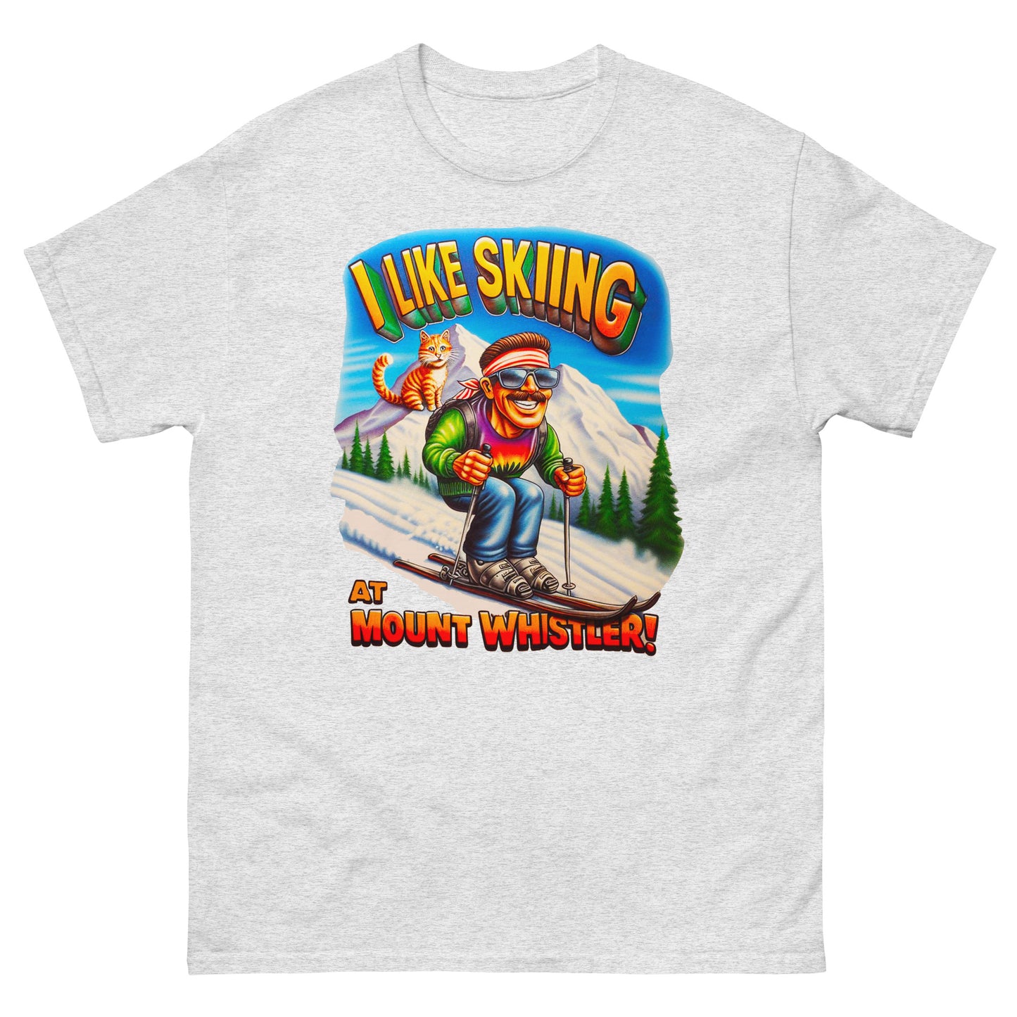 I Like Skiing At Mount Whistler with a cat design printed on t-shirt by Whistler Shirts